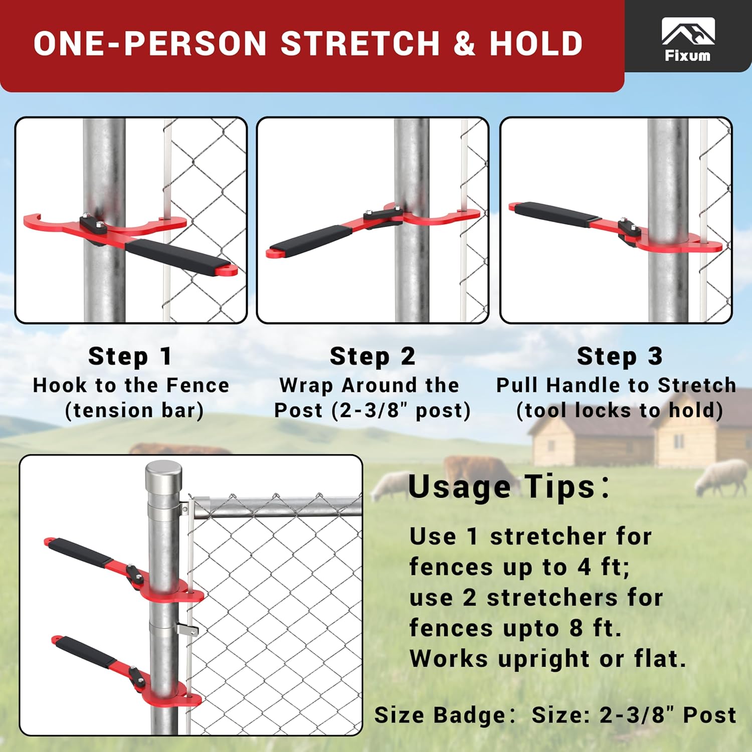 Chain Link Fence Stretcher Tool, Fits 2-3/8" OD Posts, Wire Puller Stretcher & Fence Tensioner for Woven Wire Fence, 9” Pull Range, One-Person Operation, 2 Pack
