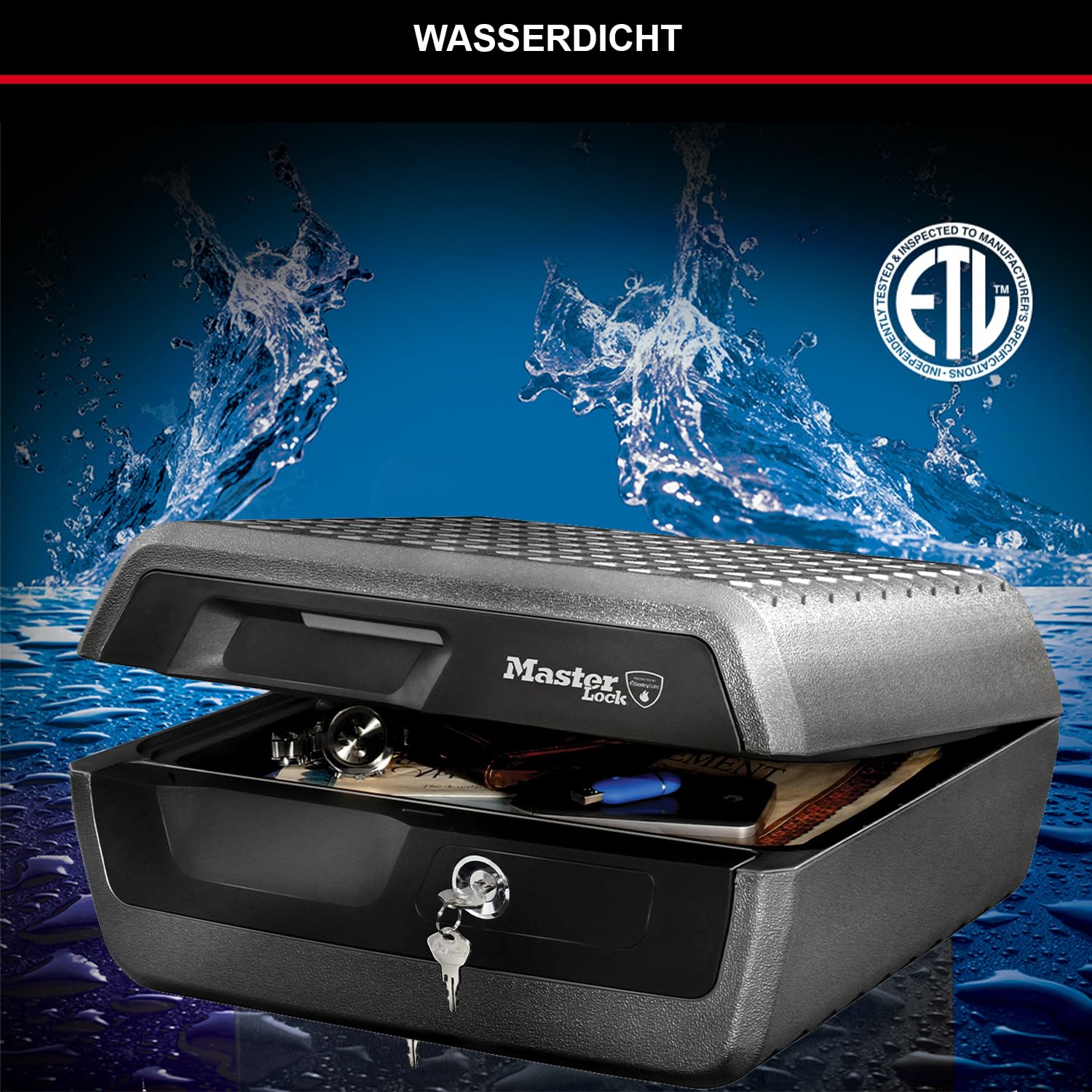 Master Lock Sicherheitskassette [Feuer- und Wasserfest] [Large] [Schlüsselschloss] LCFW30100 – Für Ausweise, A4-Dokumente, kleine Elektrogeräte, Juwelen usw.