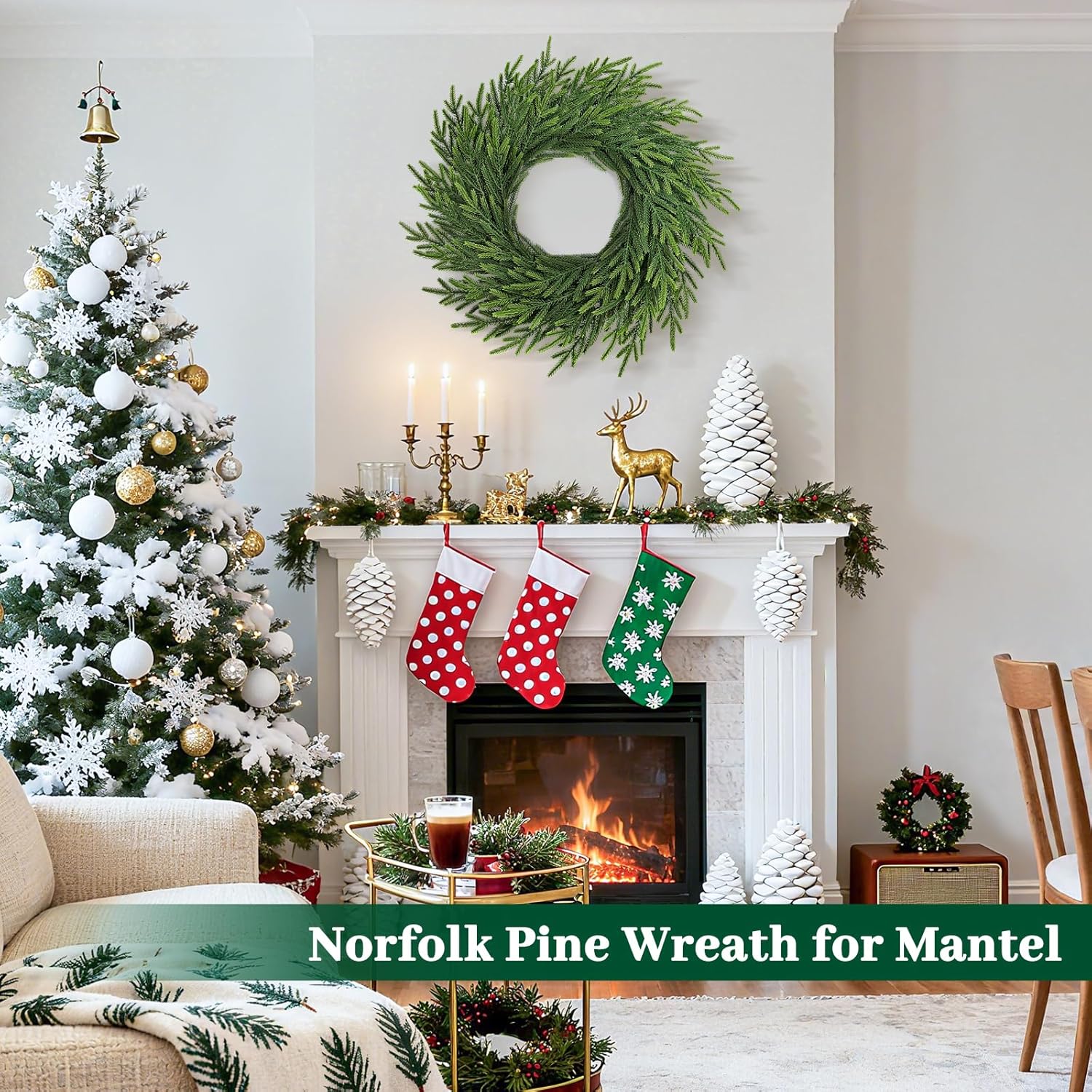 24 Inch Norfolk Pine Wreath, Real Touch Artificial Green Christmas Wreaths for Front Door, Windows, Porch, Wall, Indoor, Outdoor Xmas Holiday Decorations