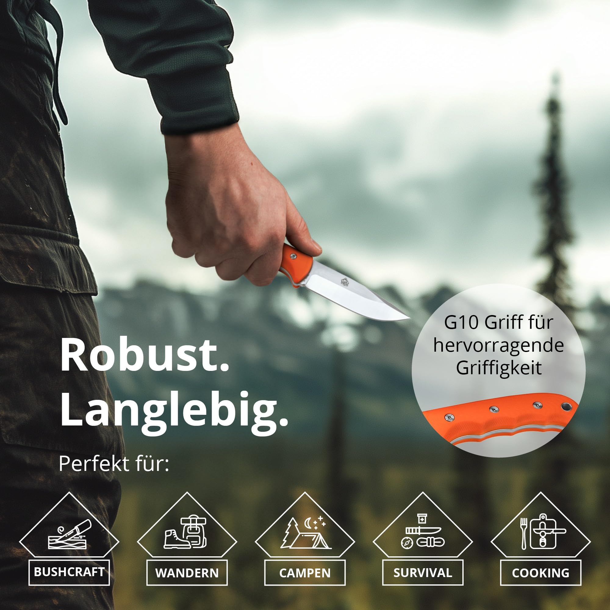 PUMA TEC – Survival D2 Knife – Orange – Feststehendes Full-Tang-Outdoormesser – D2-Stahl (60 HRC) mit edlem Satin-Finish & G10-Griff – inkl. passender Kydex-Scheide mit Steel-Clips