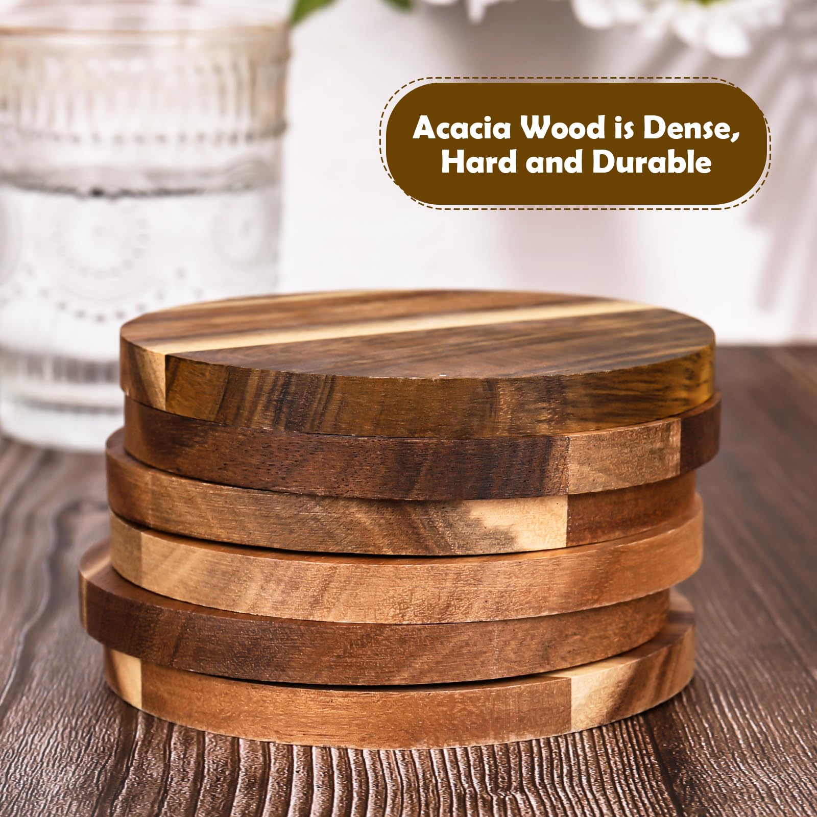 XTDMJ 6 posavasos redondos de madera de acacia con soporte, posavasos de cristal posavasos de corcho para té, bebidas, tazas, latas, vasos