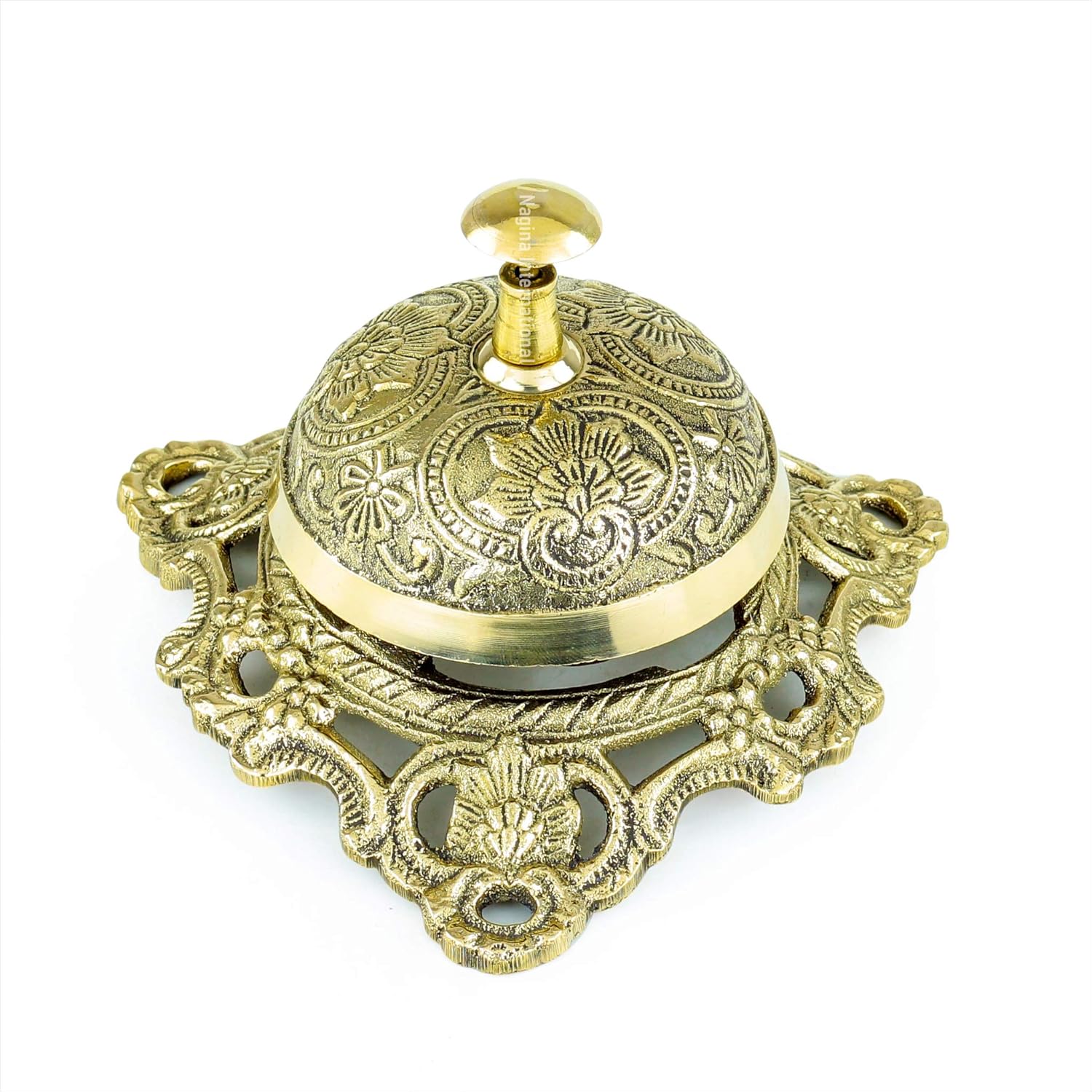 Solid Brass Classic Office Desk Bell with Traditional Art Work | Loud Desk Office Bell | Nagina International (Polished Brass(Artwork)) : Office Products