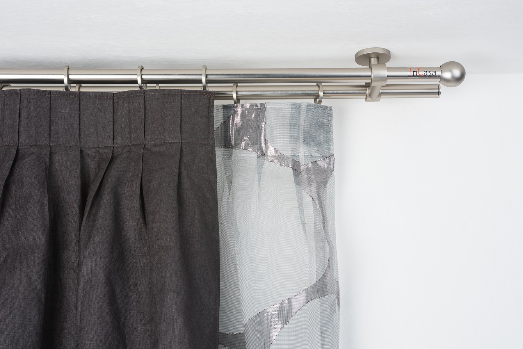 InCasa Curtain Double Pole: 20 mm, Length 260 cm, with Tappo Chic Satin Steel-Complete, Stainless, Grey