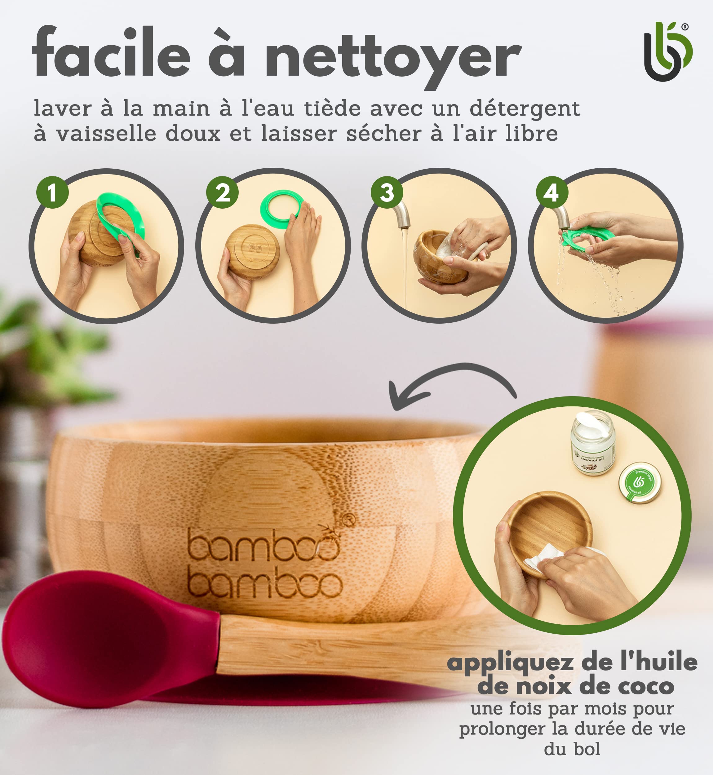 bamboo bamboo Ensemble Bols de Sevrage et Cuillères pour Bébés Avec Anneau d’aspiration en Silicone, Bols pour Tout-petits avec Cuillère pour Bébés à partir de 6 mois (Cerise)