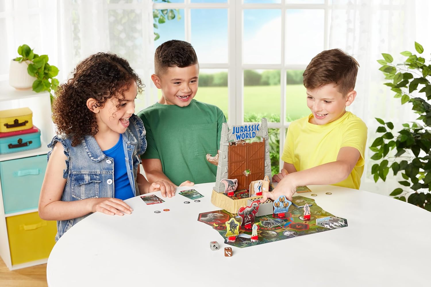 Close-up of children playing Jurassic World T. Rex Panic, focusing on game pieces