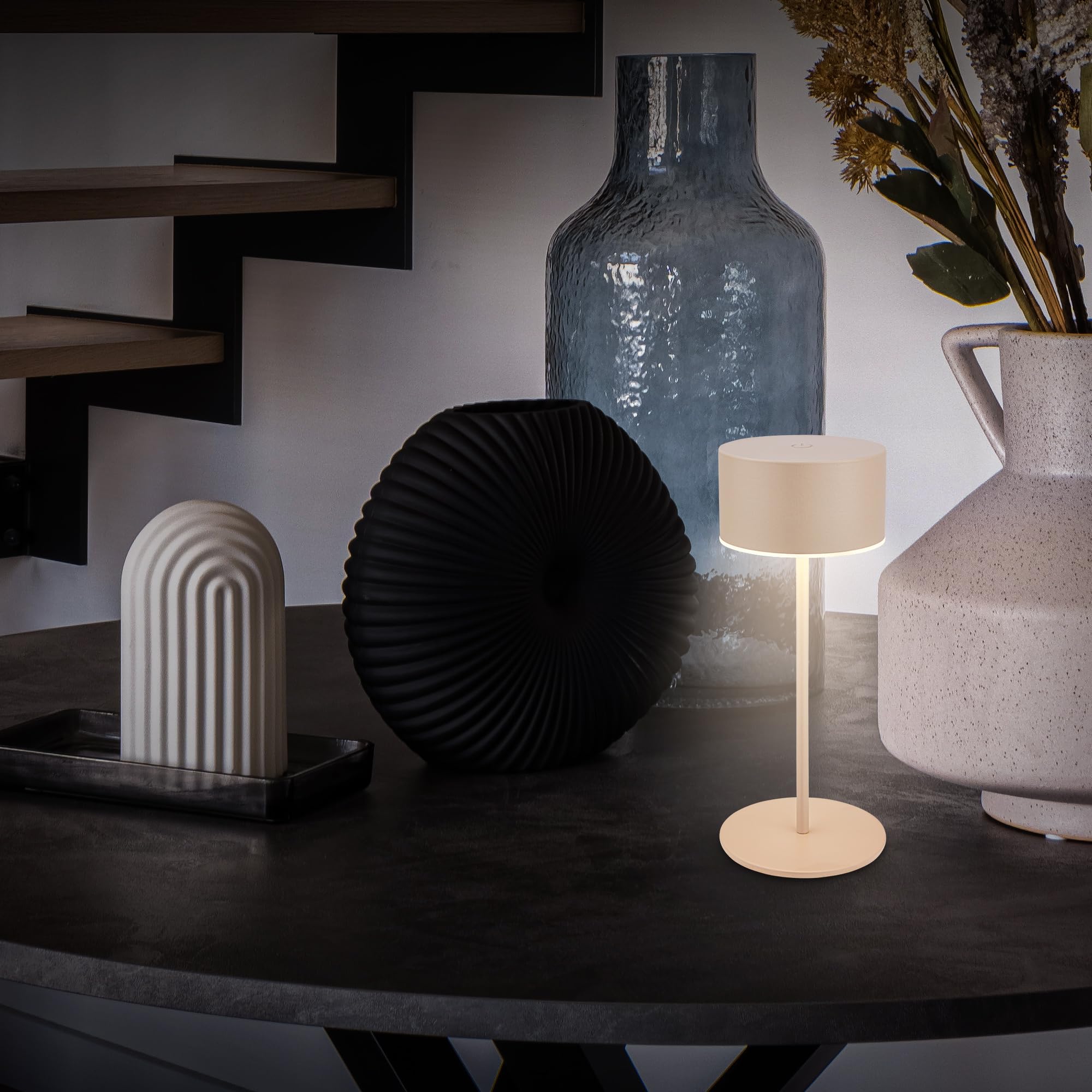 BRILONER - Lampara de mesa sin cable IP44 con control táctil, regulable, borde luminoso, lampara mesita noche sin cable, lampara mesa LED recargable, lamparas de mesita de noche, 8x18 cm, beige