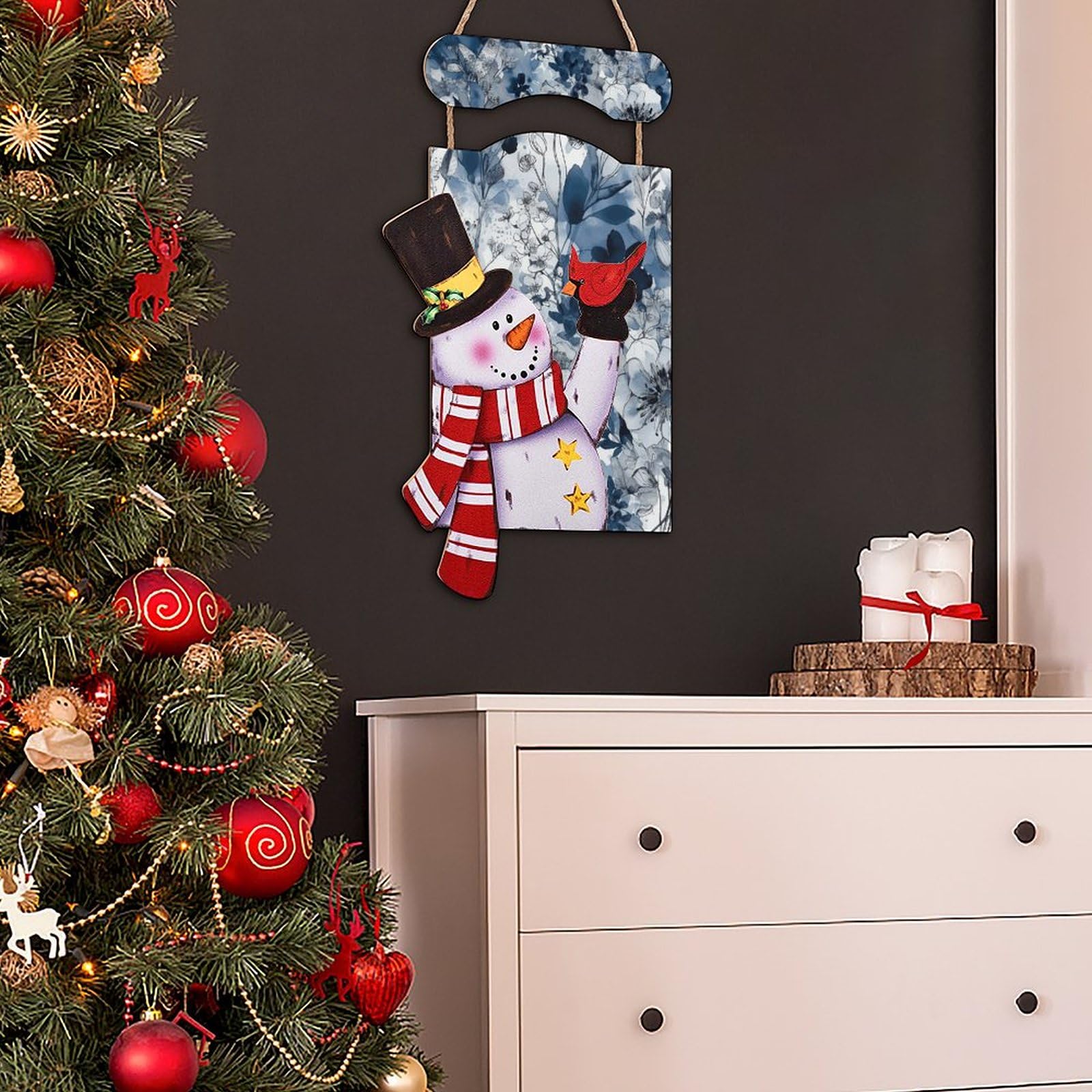 Bonhomme de neige de Noël en bois à suspendre pour décoration murale ou porte d'entrée, motif floral bleu turquoise, décoration de Noël pour sapin de Noël