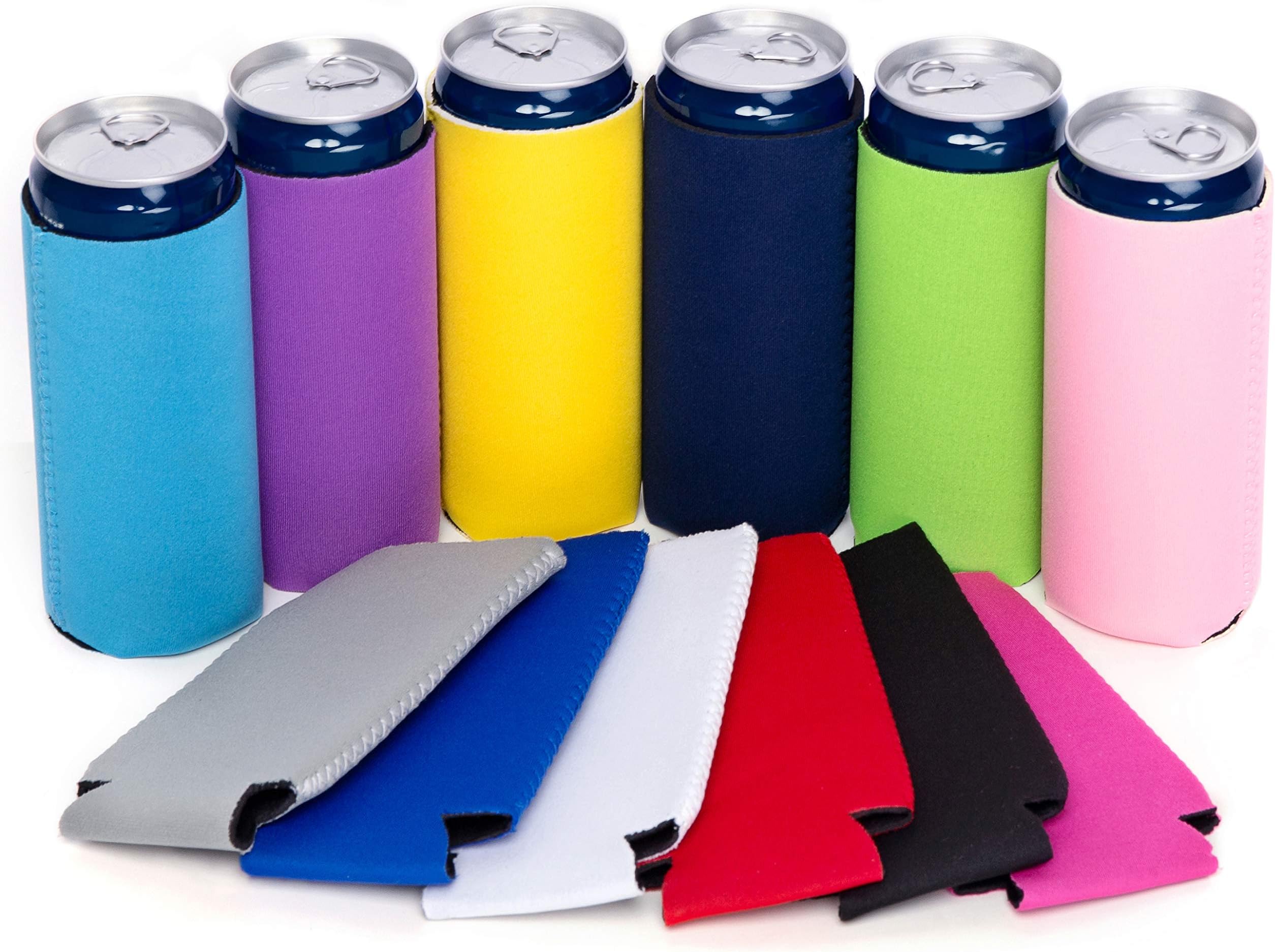 MICROCOSMOS Vinyl 12 Pcs Slim Can Coolers, 12 oz Plain Bulk Collapsible Soda Cover Coolies, DIY Personalized Sublimation Sleeves for Weddings, Bachelorette Parties, Multicolor