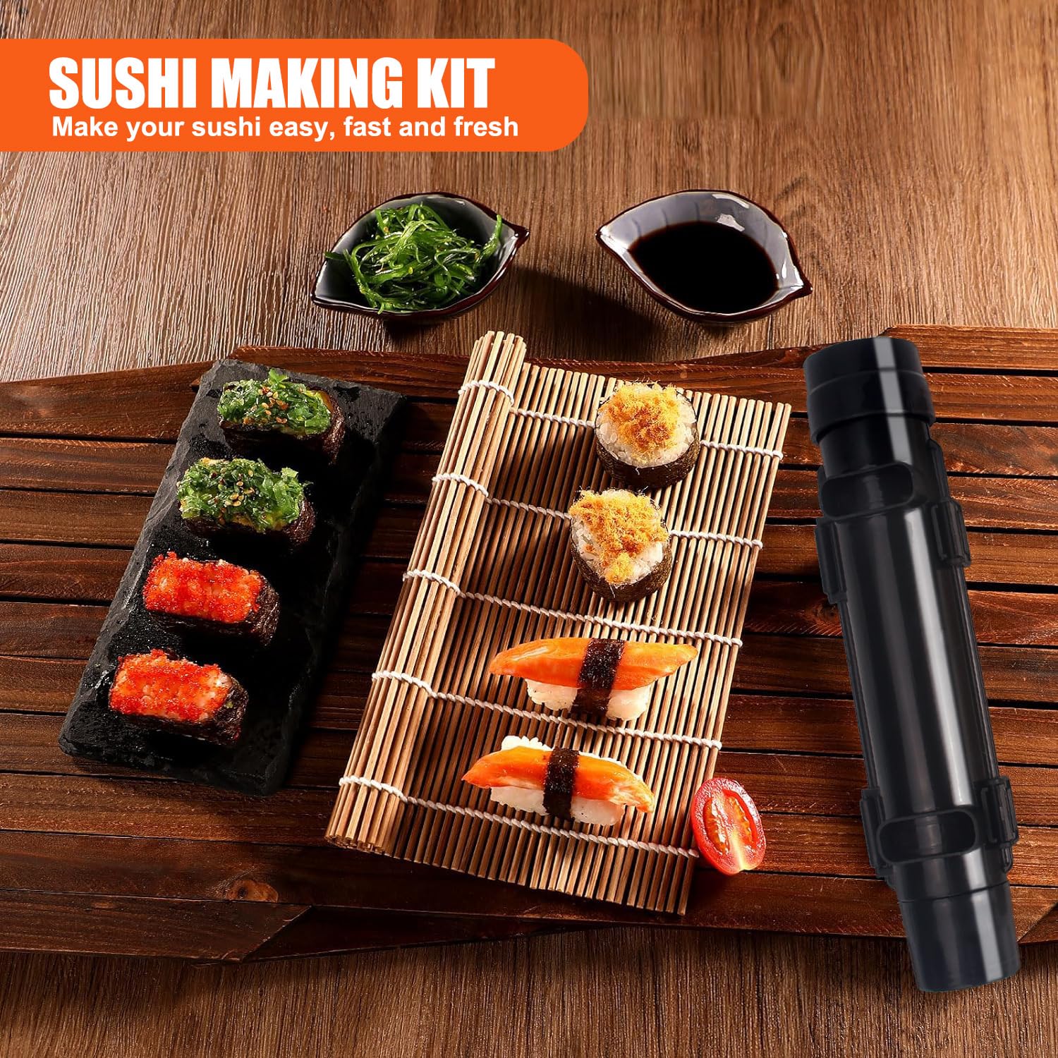 SmileTools Zestaw do robienia sushi, wałek do sushi, sushi bazooka, maszyna do sushi, bambusowa mata do zwijania sushi dla początkujących (czarny)