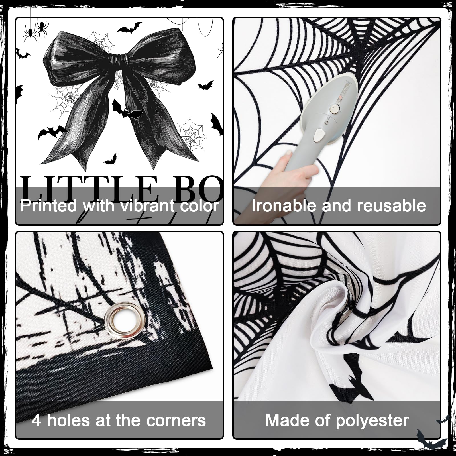 Bannière d'Halloween pour fête prénatale avec nœud blanc et noir « A Little Boo is Almost Due » - Toile d'araignée pour fille - Décorations de fête prénatale - 1,8 x 1,1 m