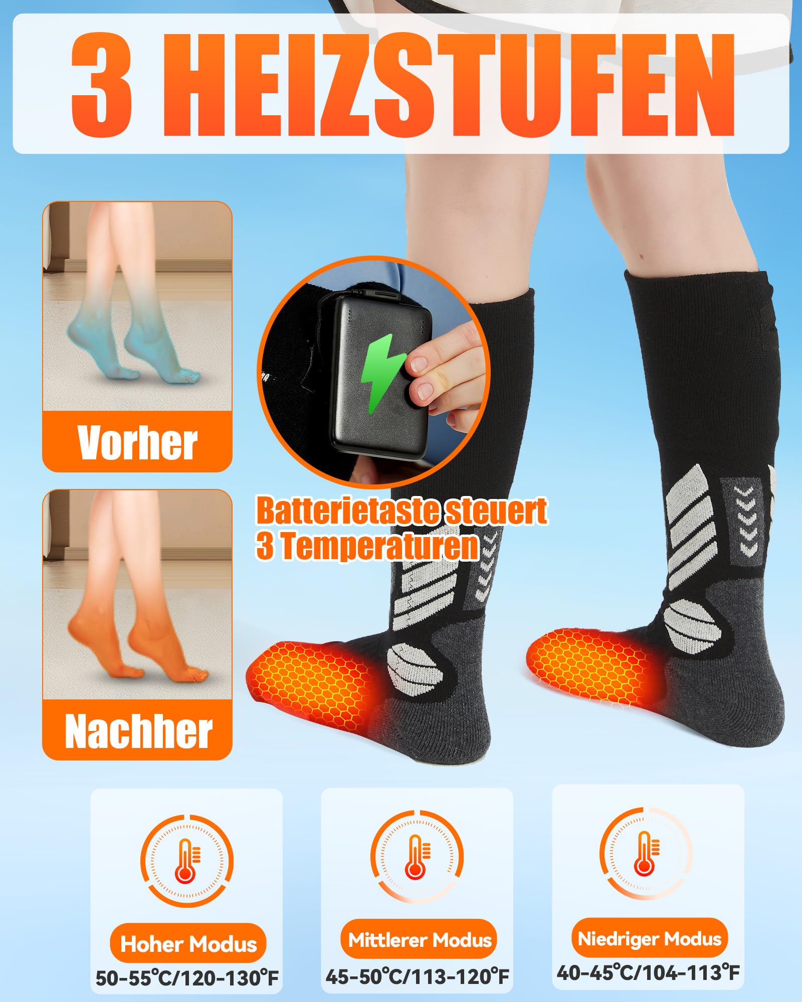 Calcetines calefactables para niños con batería de 5000 mAh – Calcetines térmicos para niños y niñas hasta la rodilla, calcetines eléctricos de lana para esquiar con elemento calefactor de fibra de