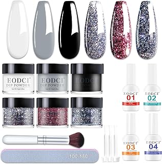 EODCI - Juego de 15 uñas en polvo para inmersión en polvo, 6 colores, negro, blanco, plata, polvo de inmersión, polvo de uñas, con base activadora, capa superior para uñas, arte de manicura, bricolaje