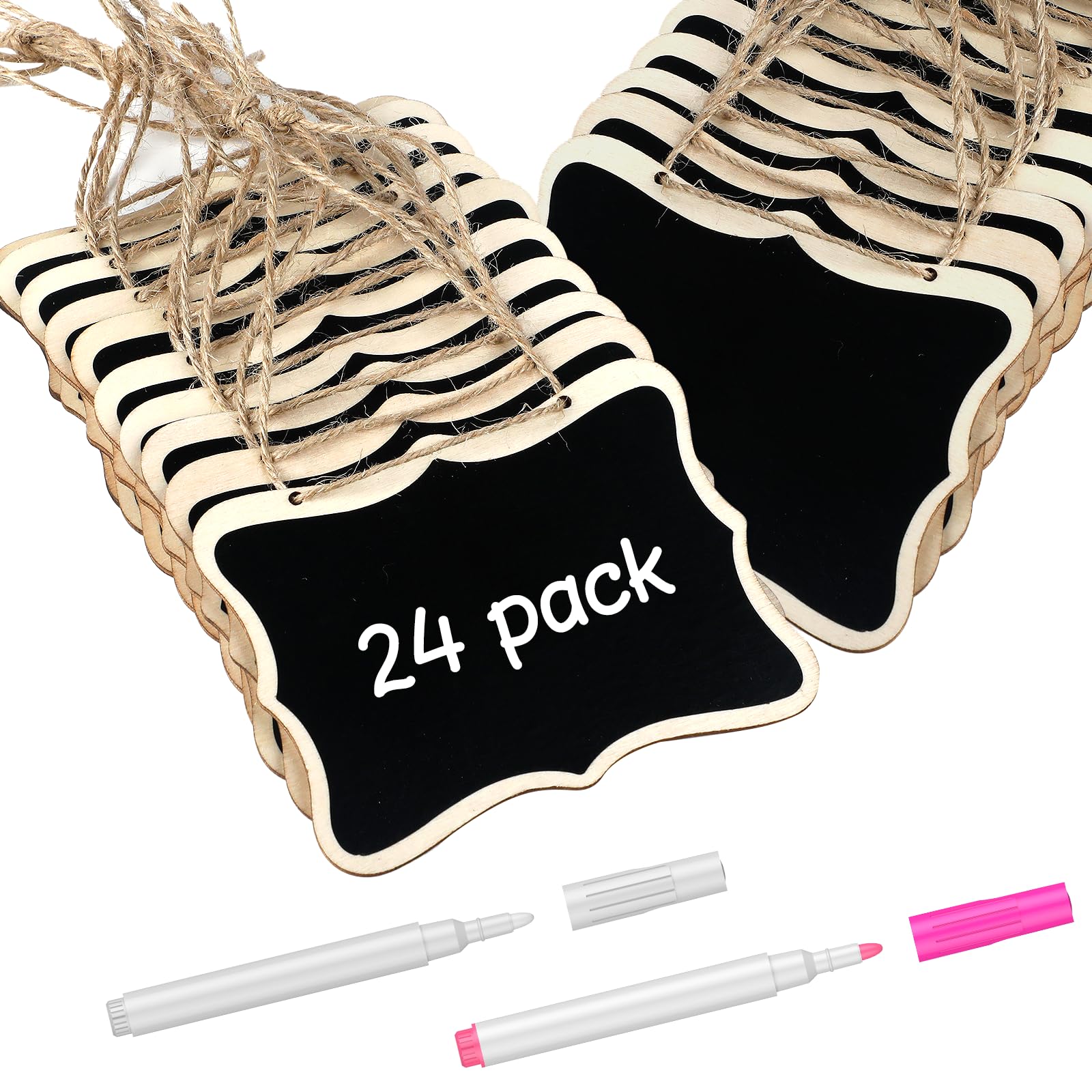 Uniclife 24 Pack Mini Chalkboard Signs for Food, Small Chalkboard Signs with Strings Chalk Markers & Replacement Stickers, Hanging Chalkboards Sign Reusable Wooden Food Labels for Party Buffet, Waves