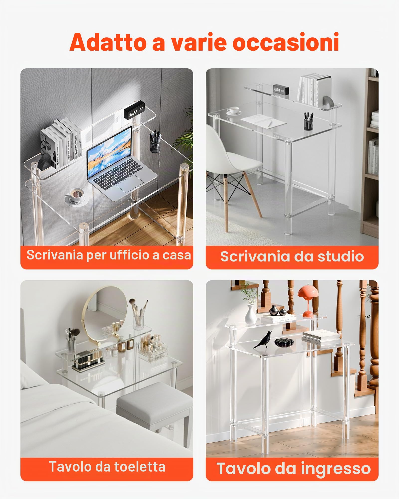 VEVOR Scrivania in Acrilico, Rettangolare a 2 Livelli Capacità di Carico 60 kg, Moderno Tavolino da Computer, per Camera da Letto, Isola Cucina, Ristorante, Ufficio, 50 x 80 x 88 cm, Trasparente