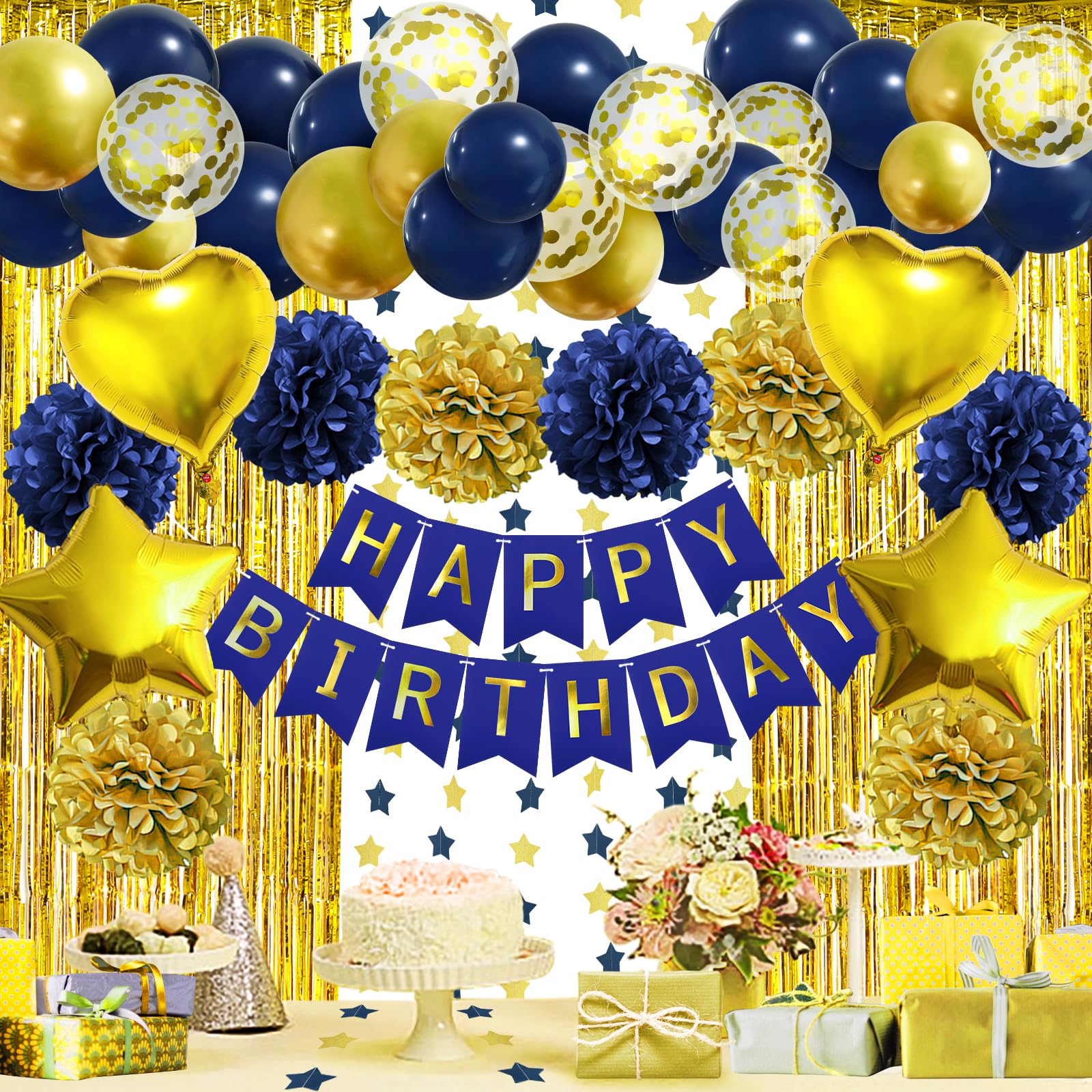 Kit Decorazioni Compleanno Blu – 60 Pezzi: Palloncini Metallici, Pastello, Navy, Tenda Frange, Striscione – Per 1° 18° 21° 25° Compleanno Uomo/Donna
