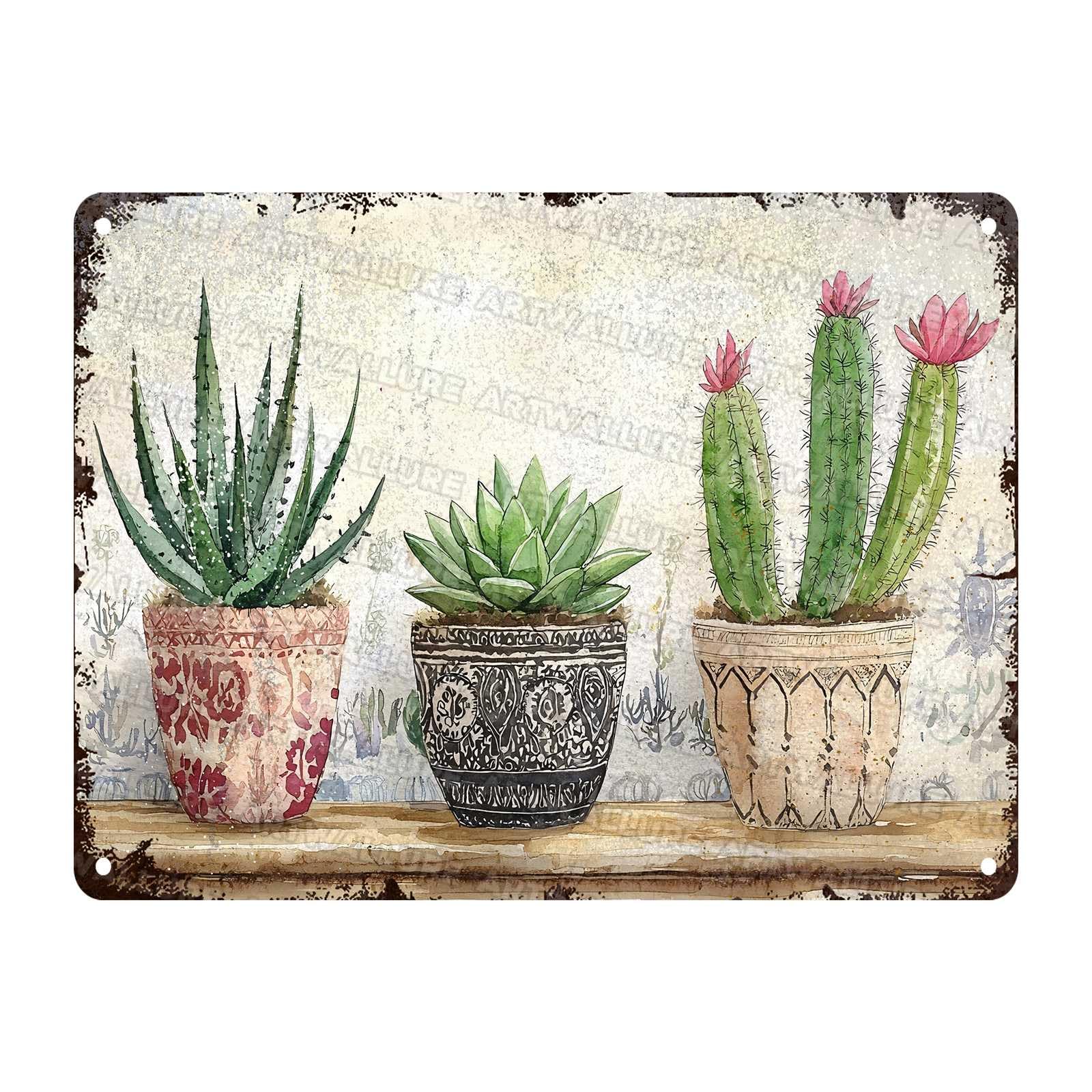 Cactus Metal tin Sign Watercolor Cactus Tin Sign Green Plant Wall Decor 12X16Inch