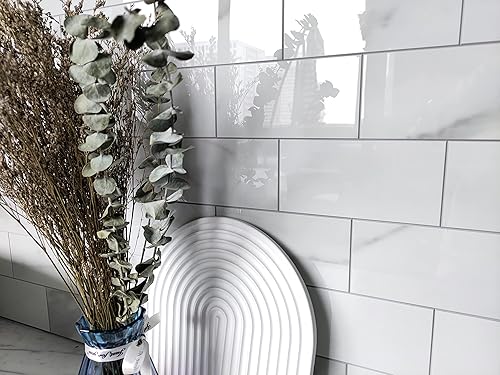 Miniatura 5 de COLAMO 5 hojas para despegar y pegar, piedra sintética autoadhesiva de 12 x 12 pulgadas, azulejos de metro blanco para cocina, aspecto de mármol de