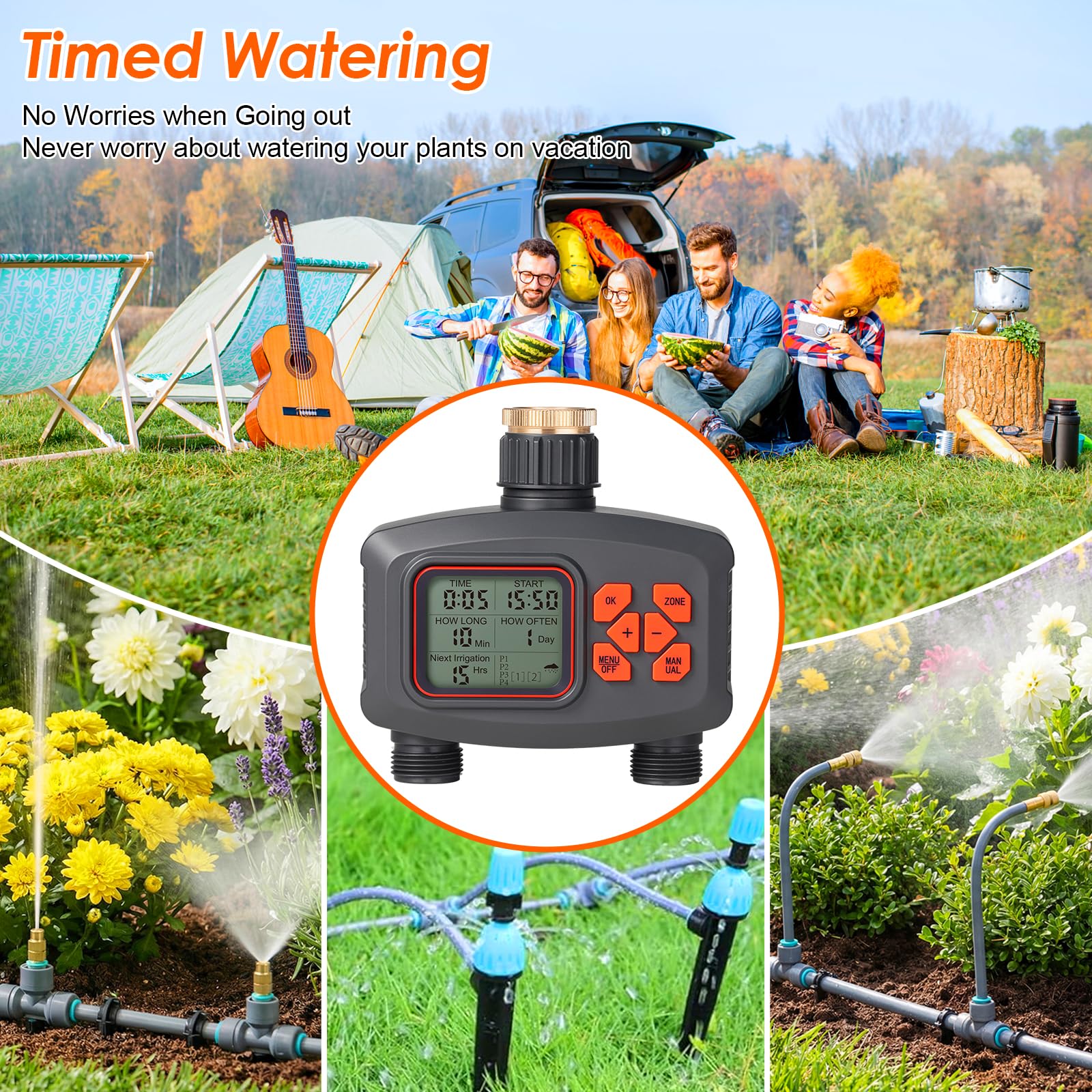 Bewässerungscomputer mit 2 Ausgängen, Wasserzeitschaltuhr Regenverzögerung, Automatische Bewässerung Wasser Zeitschaltuhr mit 8 Zeitplänen und Manueller Modus, Timer mit LCD für Rasen, Garten, Balkon
