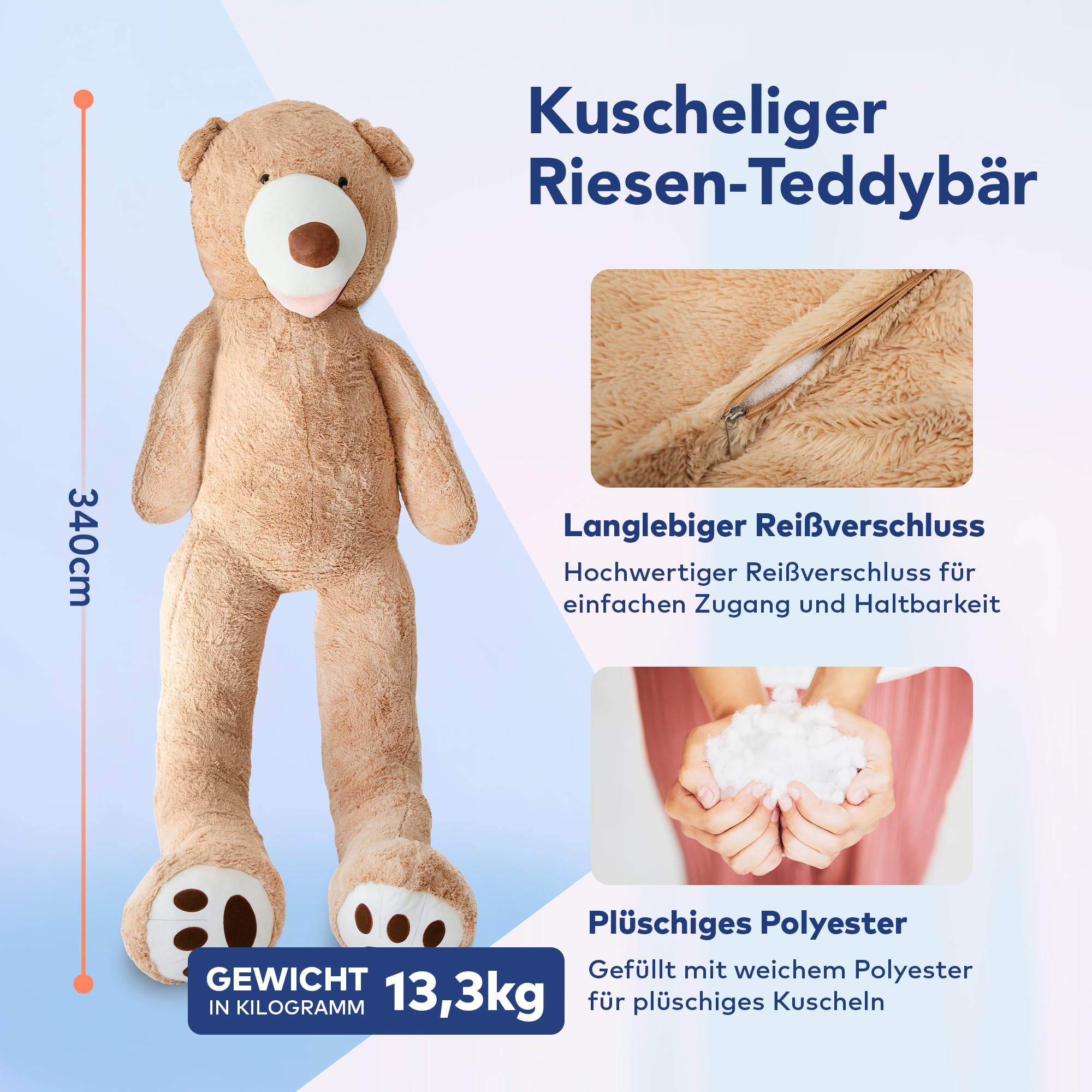MKS Olbrzymi miś pluszowy XXL, 100-340 cm, duży pluszowy miś - oryginalny miś brązowy (340 cm)