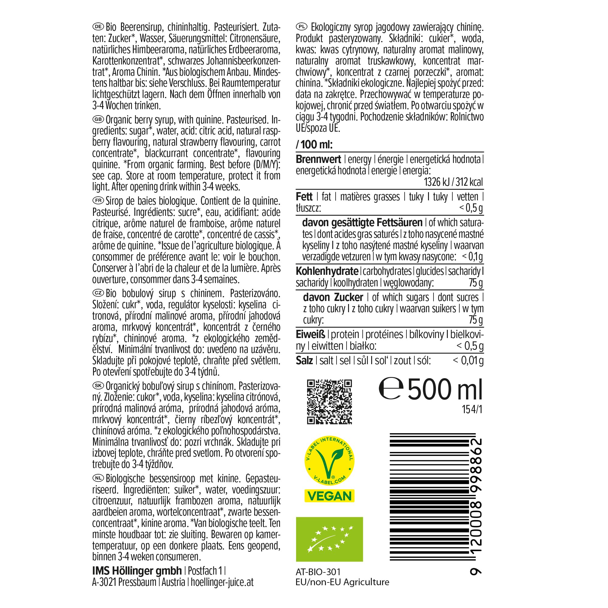 Hollinger Berry Royale Sciroppo Bio Analcolico, Concentrato 1:9, Confezione da 3 Bottiglie da 500ml, Gusto Fruttato e Amaro