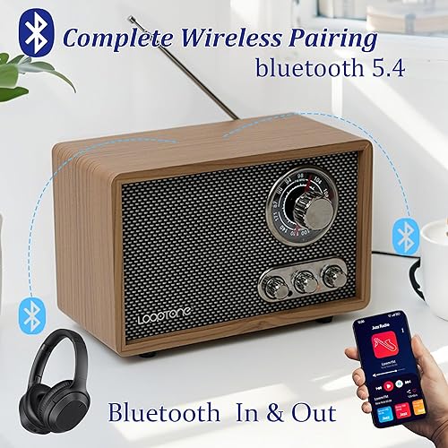 Miniatura 4 de LoopTone Radio AM FM para el hogar, radio de madera retro Bluetooth con entrada AUX, conector para auriculares, radio de mesa vintage con control de