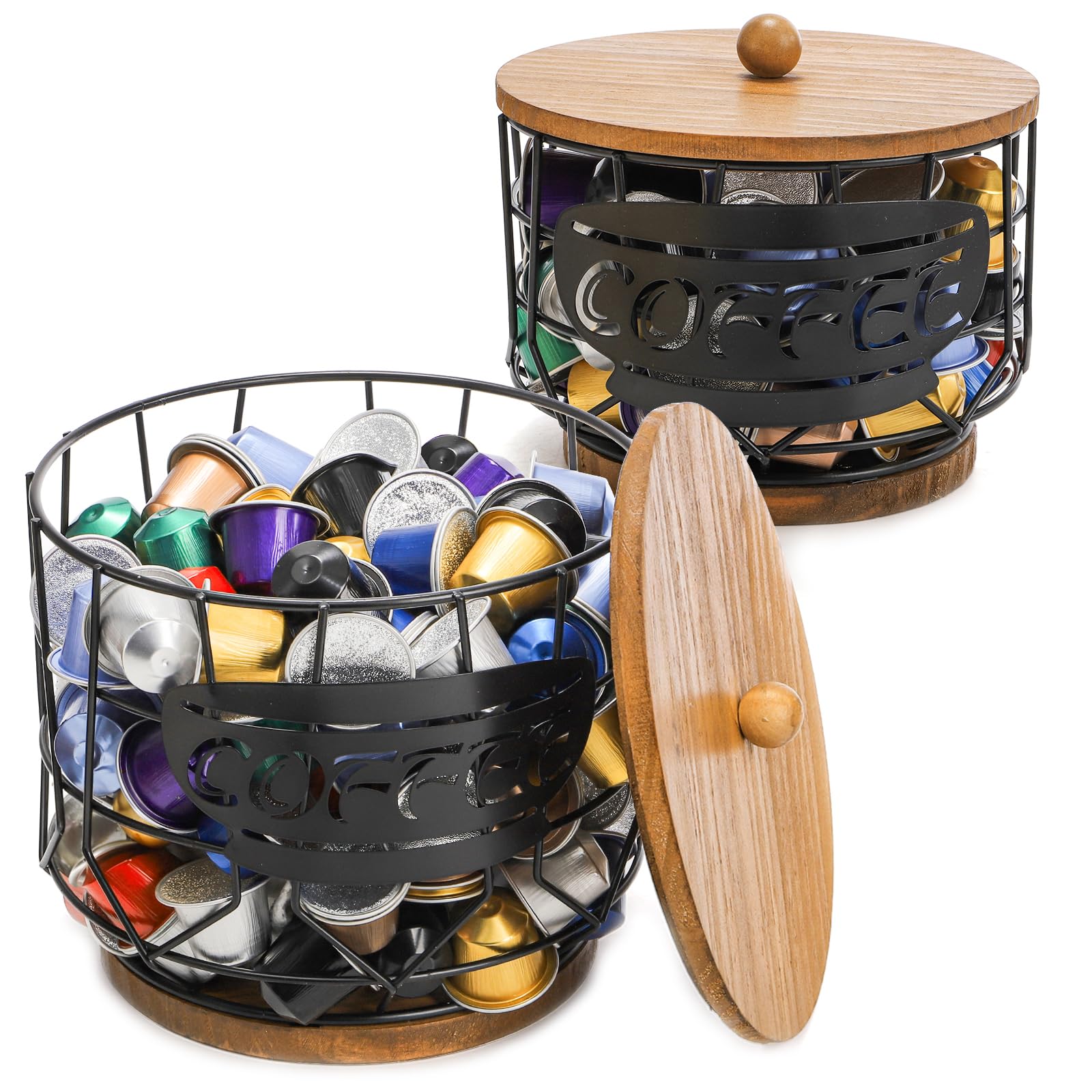yarlung Set of 2 Coffee Pod Holder with Lid, Large Capacity K Cup Holder with Rustic Wooden Base, Black Wire Coffee Storage Basket for Filters Capsules, Cafe Bar Organizer