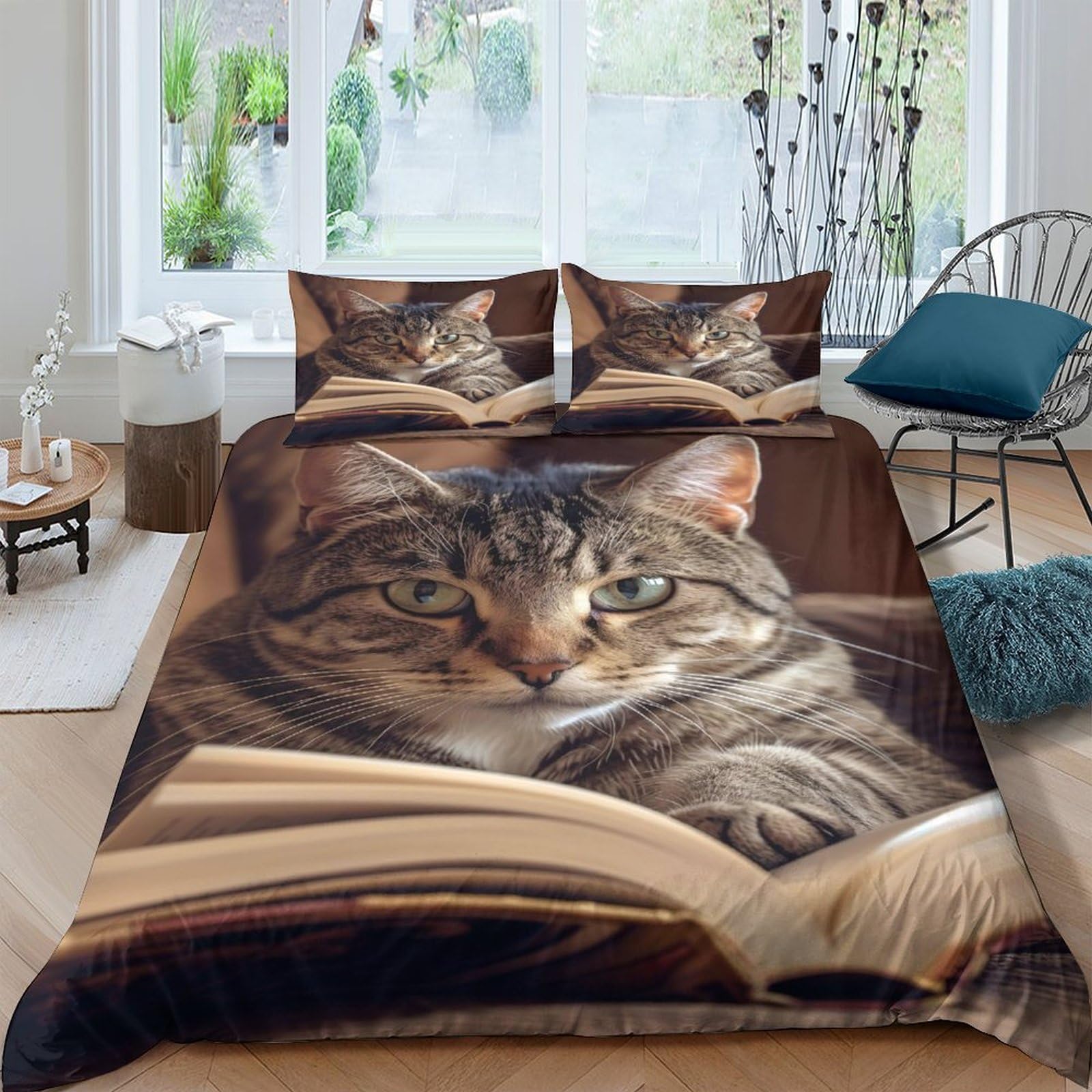Ctjqhvkz Style-9 3D Printed Reading Cat Fitted Sheet Microfiber Soft Brown Tabby Mattress Cover For Bedroom Dorm Decor Washable Single（135X200cm）