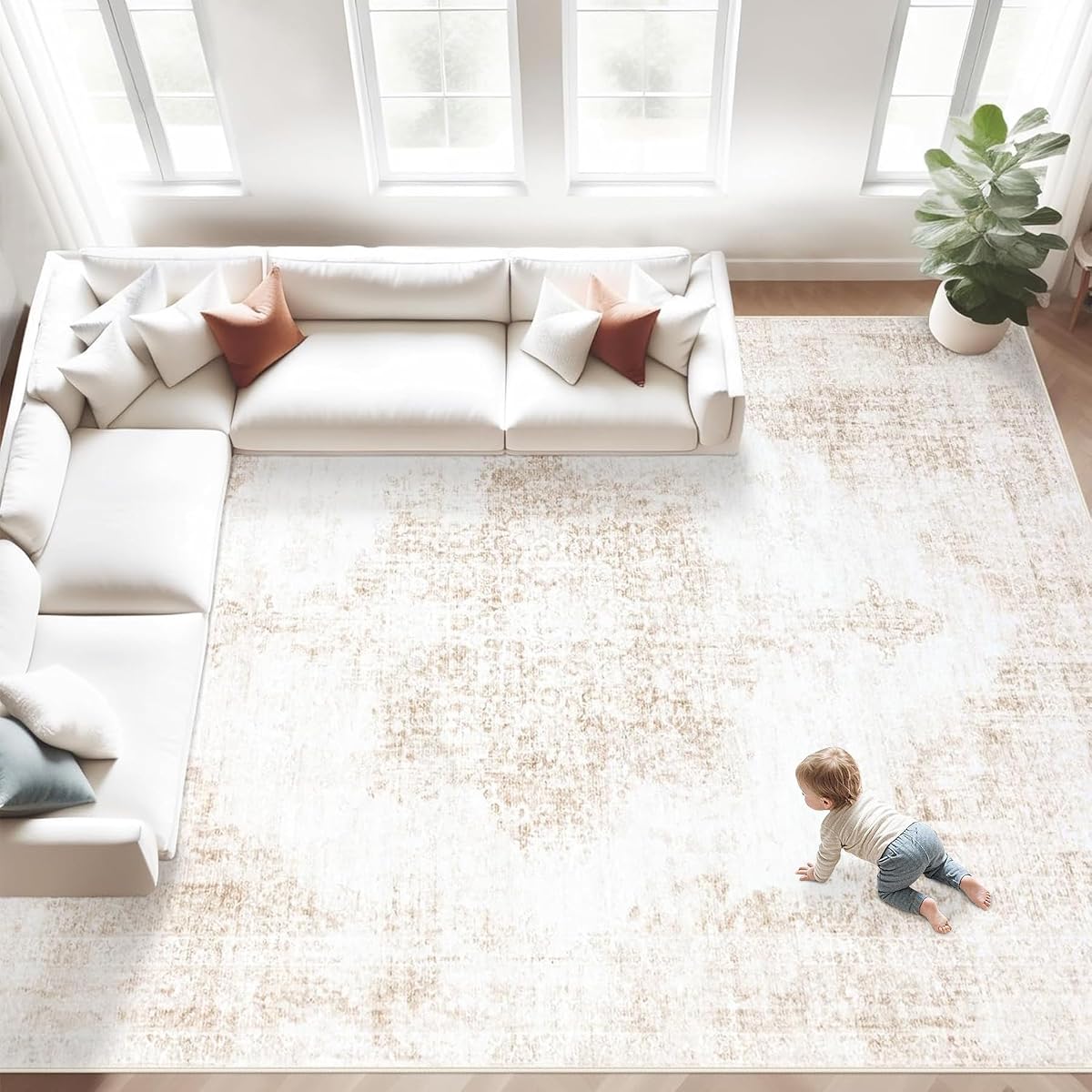 Alfombras de área 8x10 Alfombra vintage: alfombra de sala lavable grande Alfombra de medallón retro Alfombras desgastadas Alfombra suave de piso bajo antideslizante para dormitorio Cocina Vivero Mesa de comedor Oficina (beige, 8'x10')
