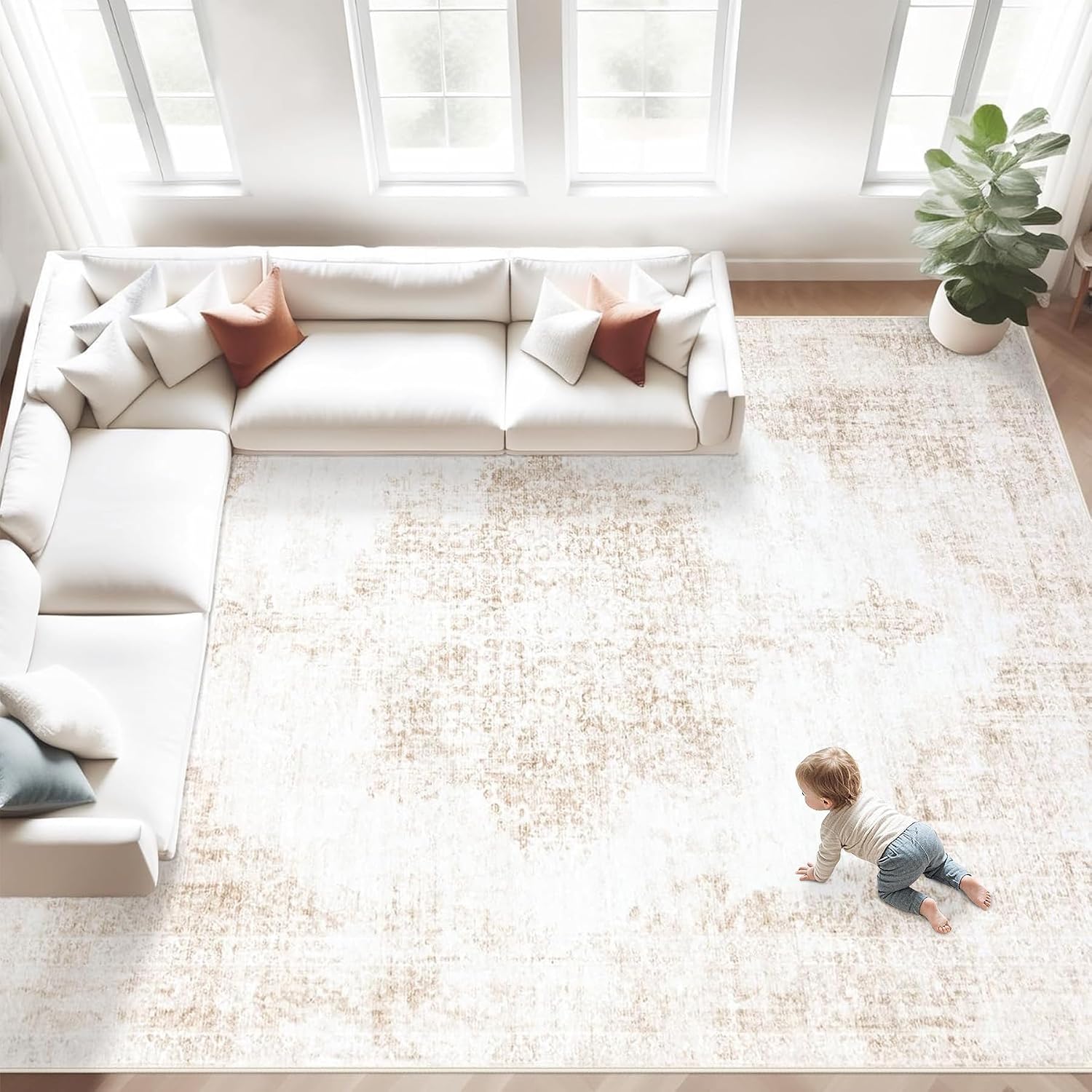 Area Rugs 8x10 Vintage Rug: Large Washable Living Room Rug Retro Medallion Distressed Rugs Soft Low Pile Non-Slip Indoor Floor Carpet for Bedroom Kitchen Nursery Dining Table Office (Beige, 8'x10')