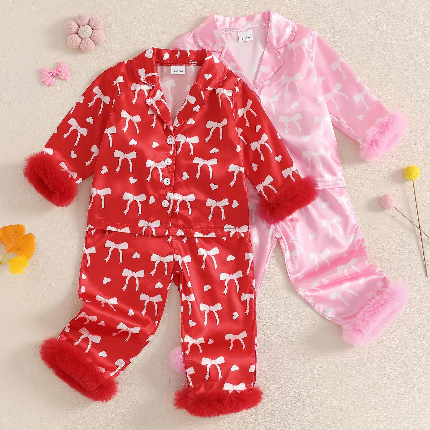 Toddler Baby Girl Satin Pajamas Set Fuzzy Trim Button Down Sleep Shirt Top Pants Bottoms Sleepwear Loungewear Set (X Red 2, 3-4 Years)