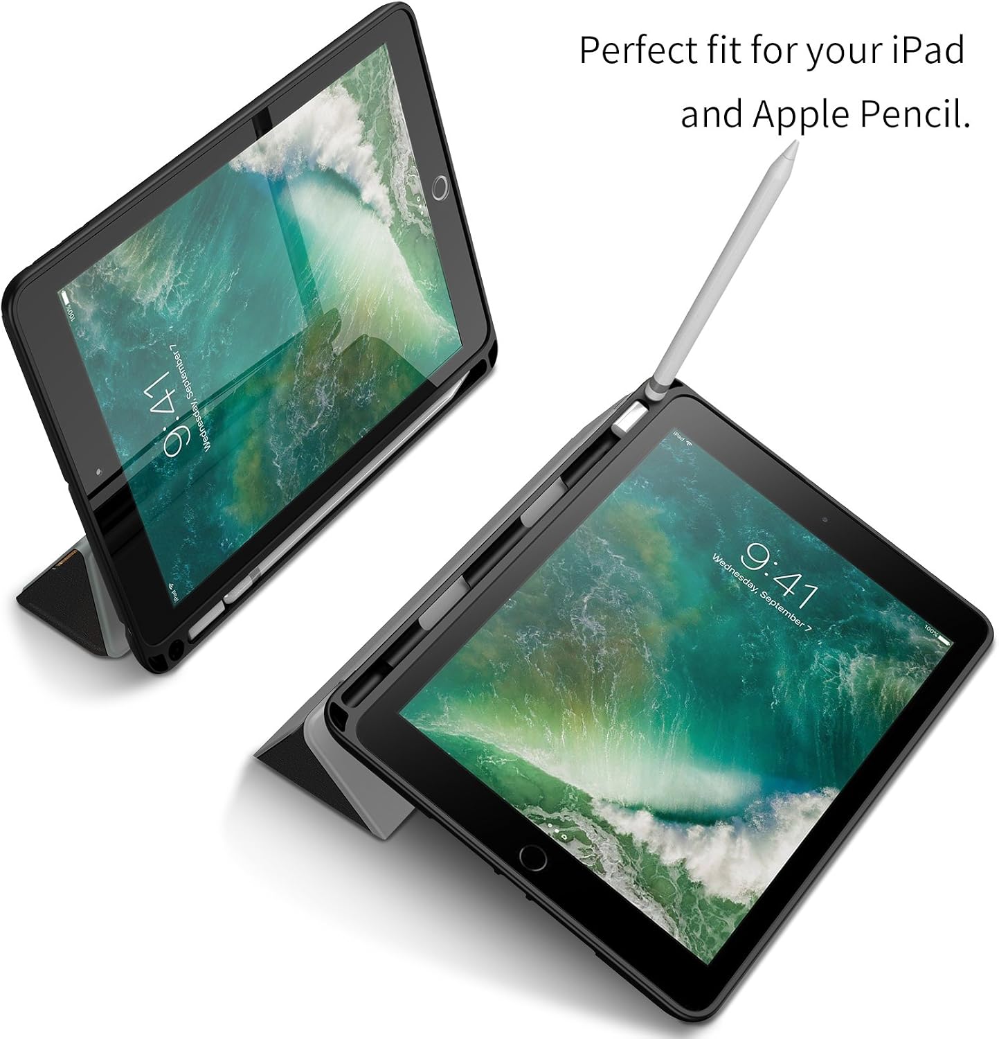 Infiland iPad 9.7 2018 Case with Apple Pencil Holder, Slim Smart Tri-Fold Cover for Apple iPad 9.7 Inch 2018 Released Tablet Model A1893/A1954 (Auto Wake/Sleep), Black & Brown