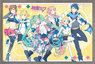 Trends International Hatsune Miku - Yellow Group Wall Poster, 34L x 22.4W, Barnwood Framed Version