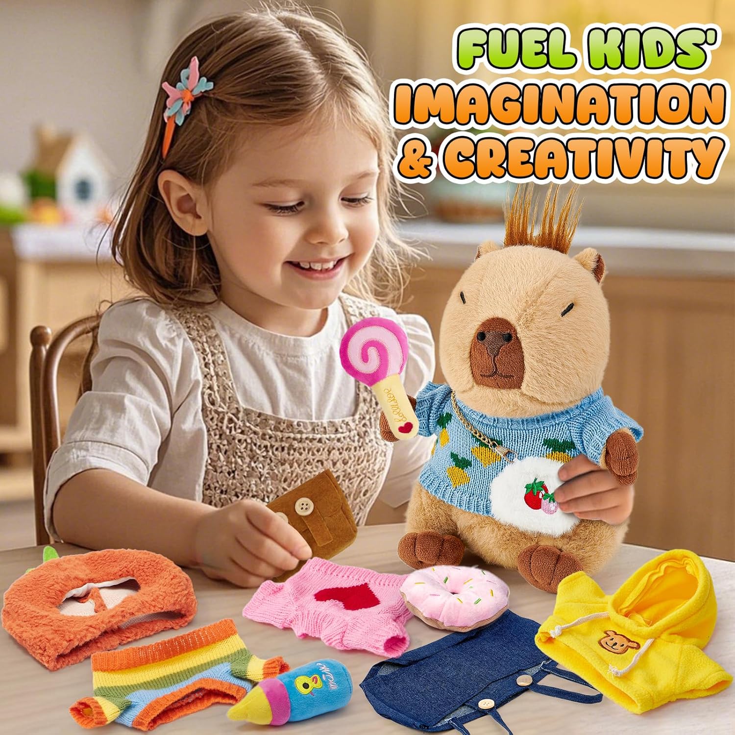 G.C 13 PCS Capybara Plush with Clothes & Accessories, Cute Capybara Dress Up Stuffed Animal Plush Toy Birthday Gifts for Girls Kids Boys Age 3 4 5 6 7 8