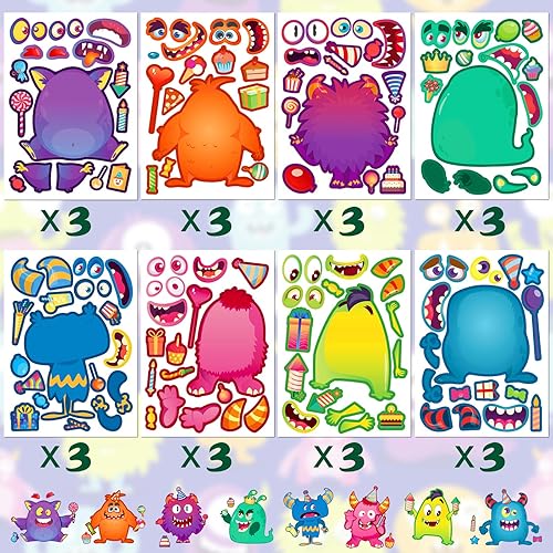 Miniatura 2 de 24 hojas de calcomanías de monstruo para niños, mezcla y combina hacer una cara, calcomanías para manualidades, regalo, recuerdos de fiesta,