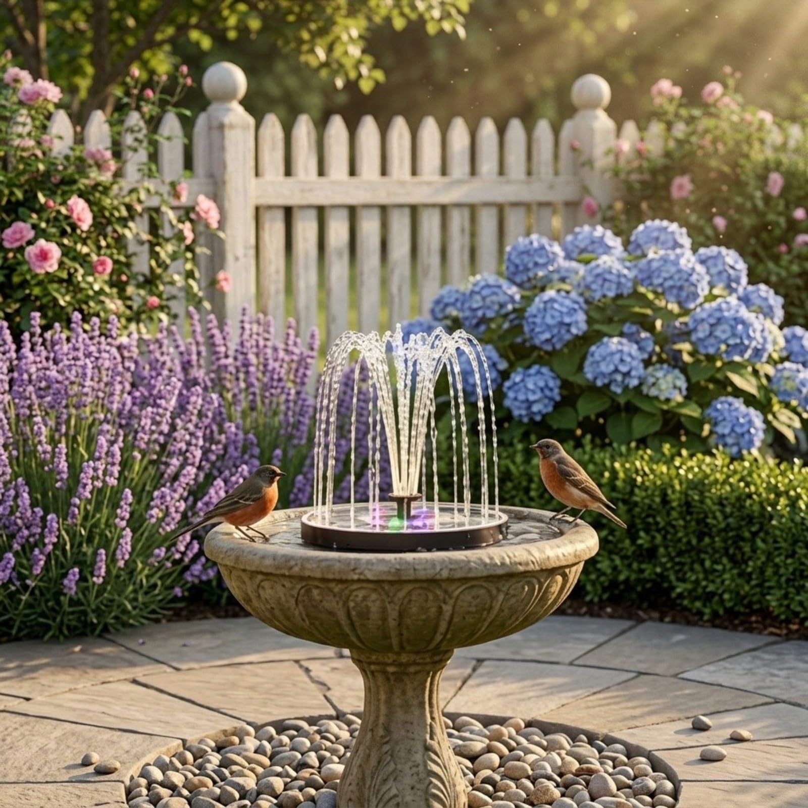 Fontana galleggiante solare per esterni con 8 luci LED RGB, 3 ugelli e flusso d'acqua personalizzabile per giardino o patio (ugello trasparente)