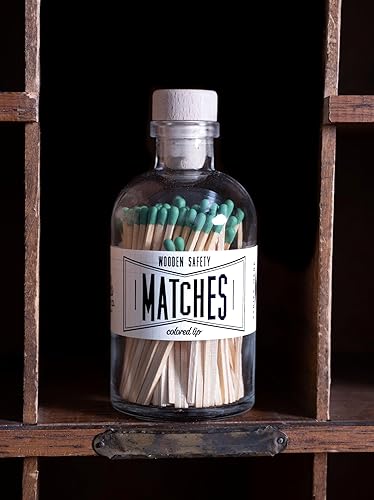 Vintage Apothecary Matches Green, decorative glass jar with striker, wooden cork top, candle matches, matchsticks, home decor gift