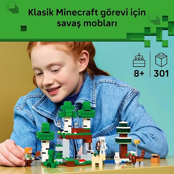 LEGO Minecraft İlk Gece Macerası 21593-8 Yaş ve Üzeri Çocuklar için Alex, İskelet ve Creeper Dahil 7 Figür ile Gerçekçi Aksesuarlar İçeren Yaratıcı Oyuncak Yapım Seti, Hediye Fikri (301 Parça)