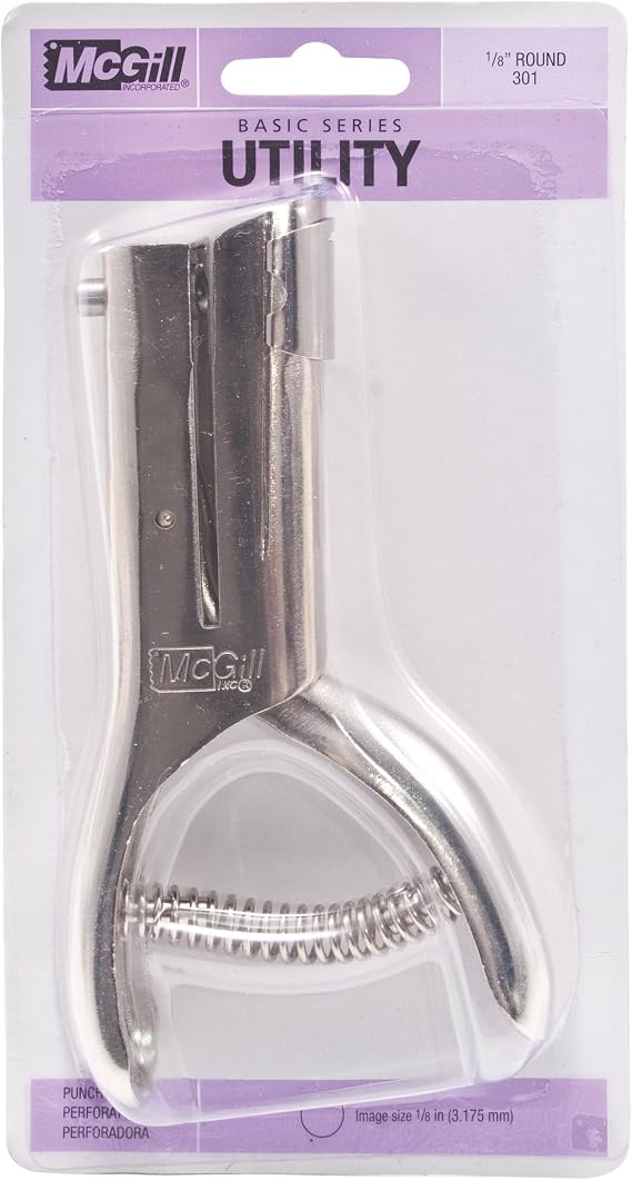 McGill Utility 300 Series Heavy Duty 1/8 Inch Round Single Hole Punch, 20-Sheet Capacity, Nickel-Plated Steel (MCG301), Silver, Small (1-24)