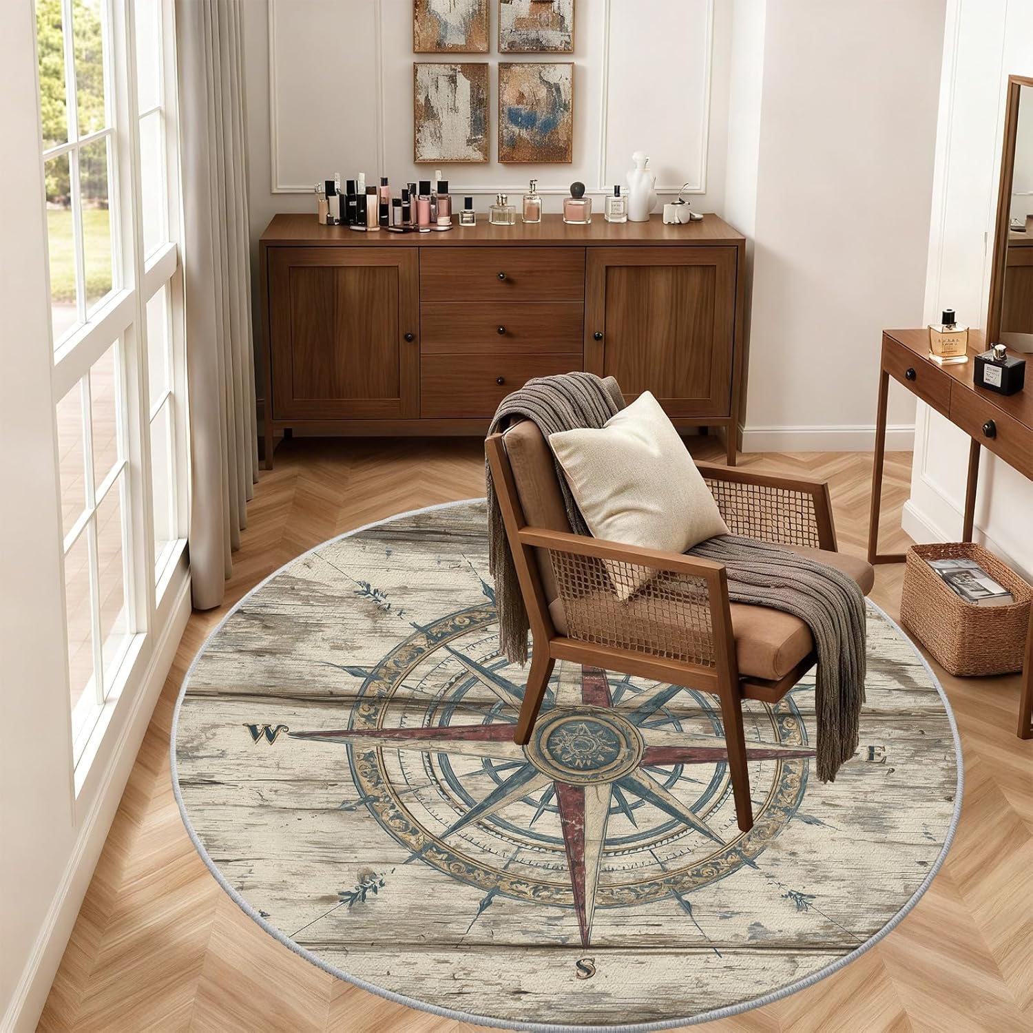 Vintage Nautical Compass Round Rug 3 ft Round Area Rug - Machine Washable Shabby Chic Wooden Planks Circle Round Rugs Non-Slip with Rubber Backing Low-Pile Carpet for Living Room Entryway Dorm Decor