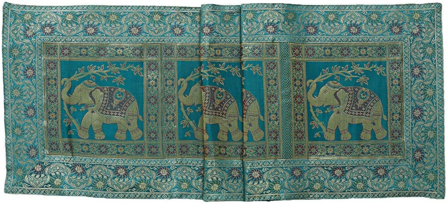 Indian Rectangle Hand Art Elephant Banarsi Silk Table Runner 60 x 16 Inch Color Table Cloth (Green)