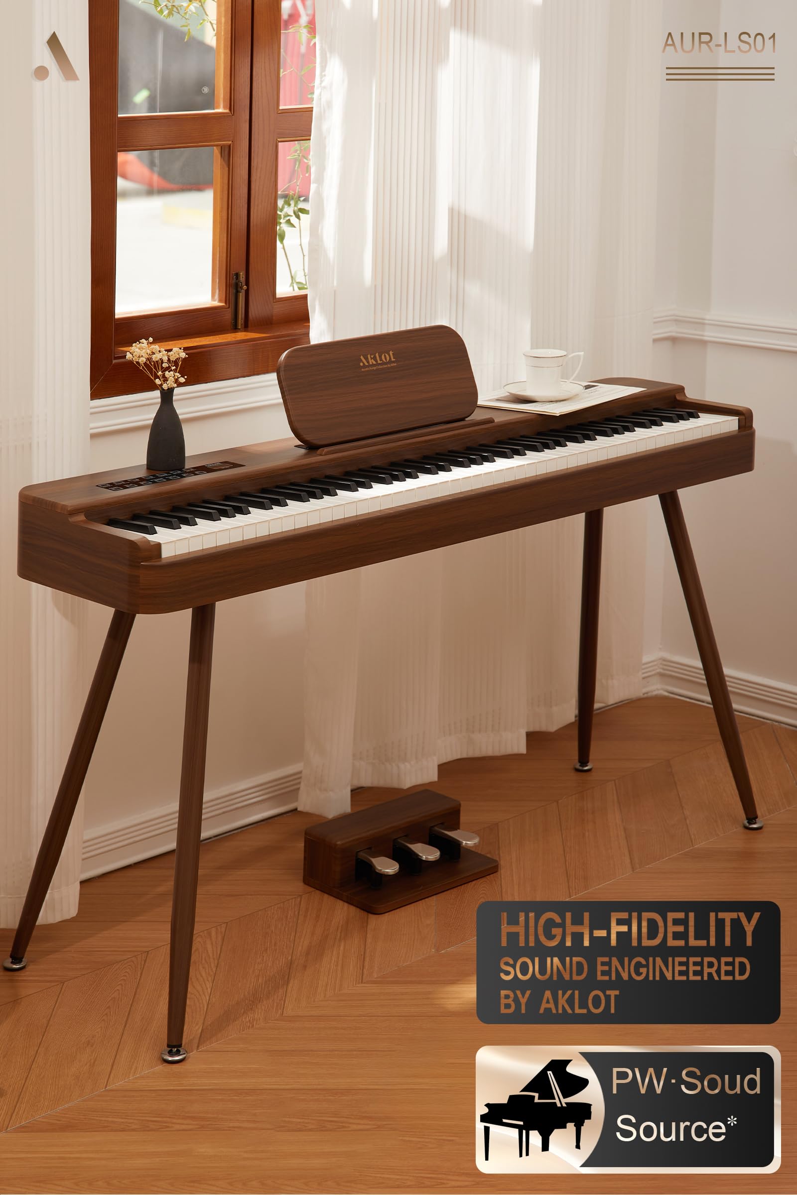 AKLOT Touchscreen Weighted Keyboard Piano: 88-Key Graded Hammer Action Digital Piano, Handcrafted Round-Edged Design, Triple Pedal, Stand, USB-MIDI, Headphone, Beginner Lesson Book (AUR-LS01 Walnut)