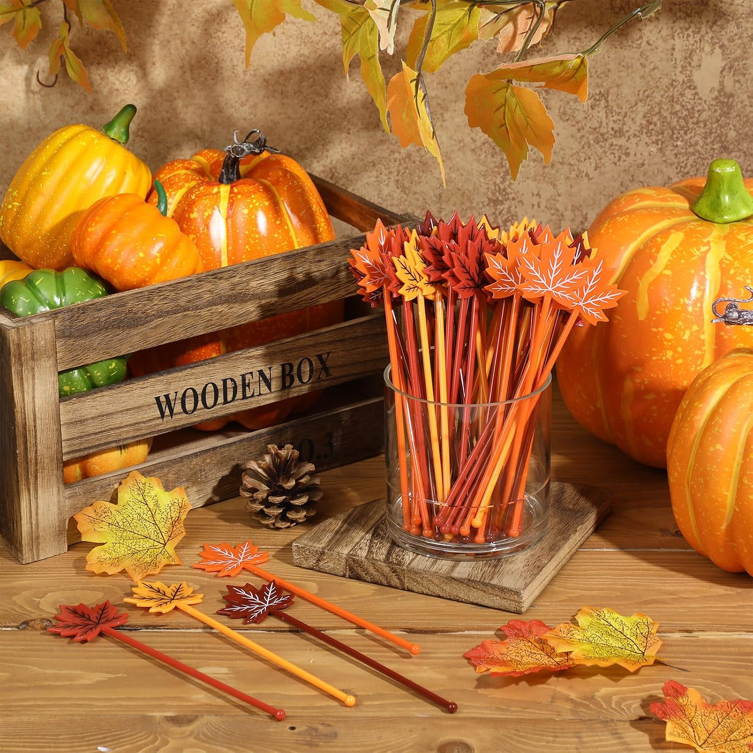Bokon 30 Pcs Fall Coffee Stirrers Maple Leaf Swizzle Sticks, Orange, Red
