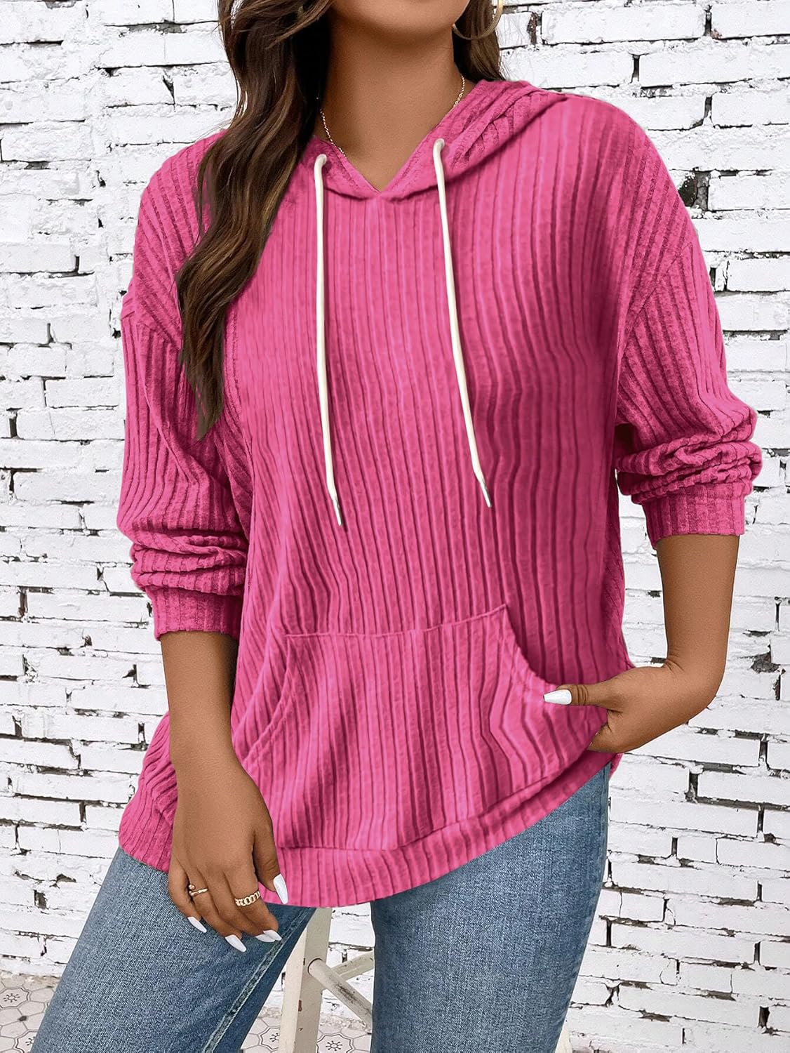 Womens Plus Size Drawstring Long Sleeve Lightweight Hoodies Pocket Front Casual Sweatshirt Tops - Image 6