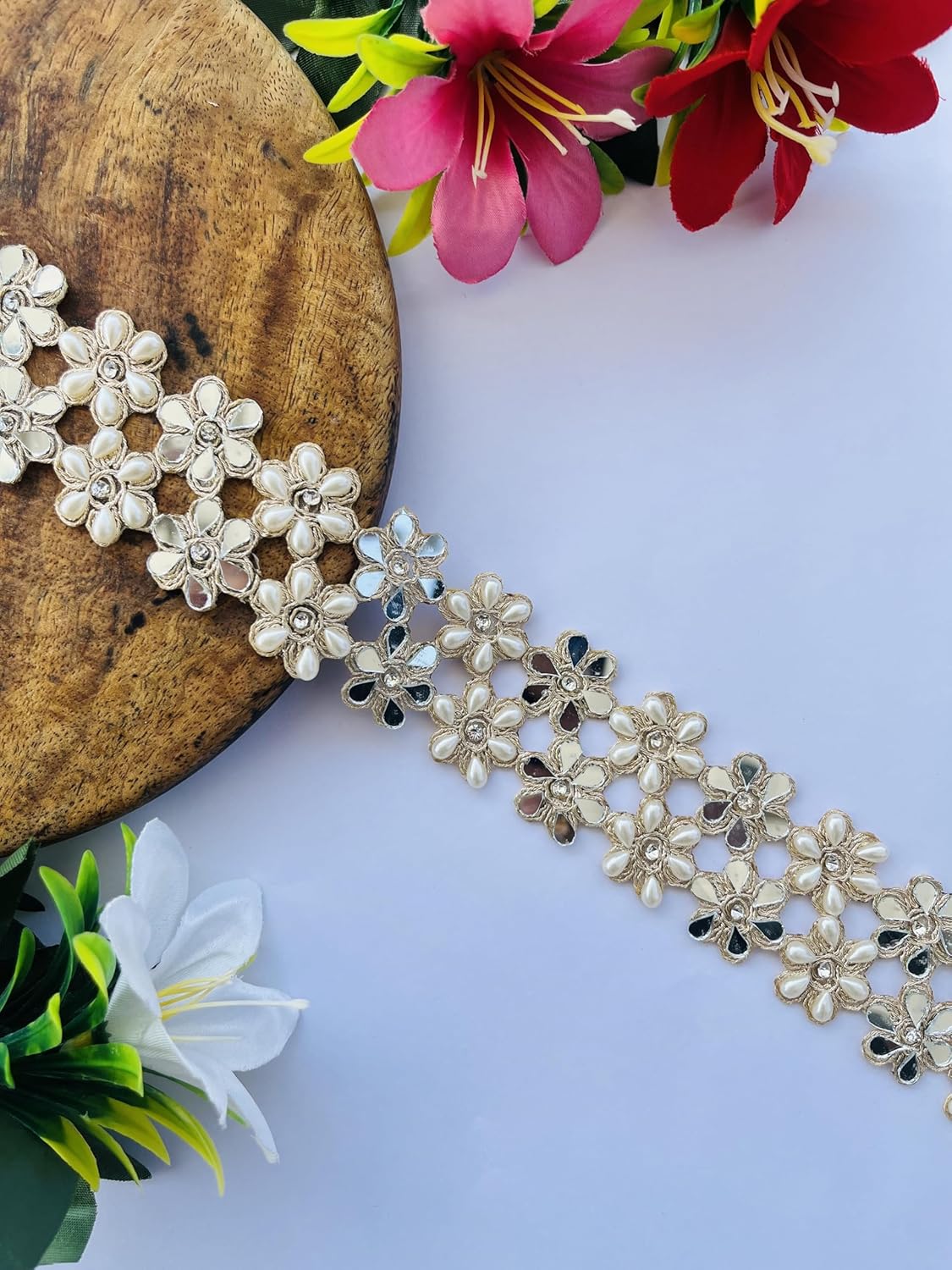 1.5 Inch Mirror Pearls Flower Design Trim – Available in 1, 3, 6 Yards – Decorative Lace Border for Sarees, Dresses, DIY Crafts, Wedding Decor, Home Embellishment (6)