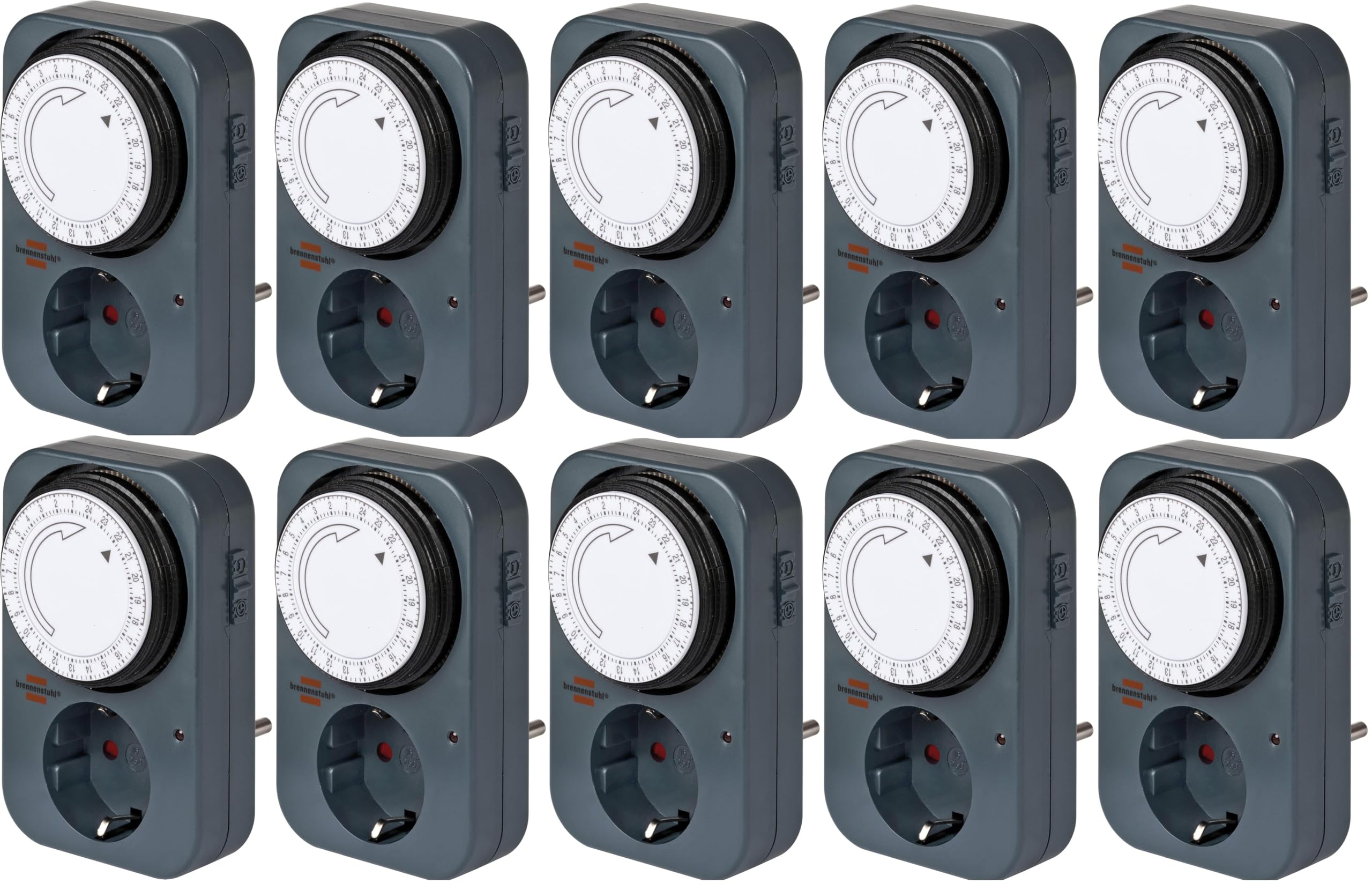 Brennenstuhl Zeitschaltuhr MZ 20, mechanische Timer-Steckdose (Tages-Zeitschaltuhr mit erhöhtem Berührungsschutz) grau (10 Stück)