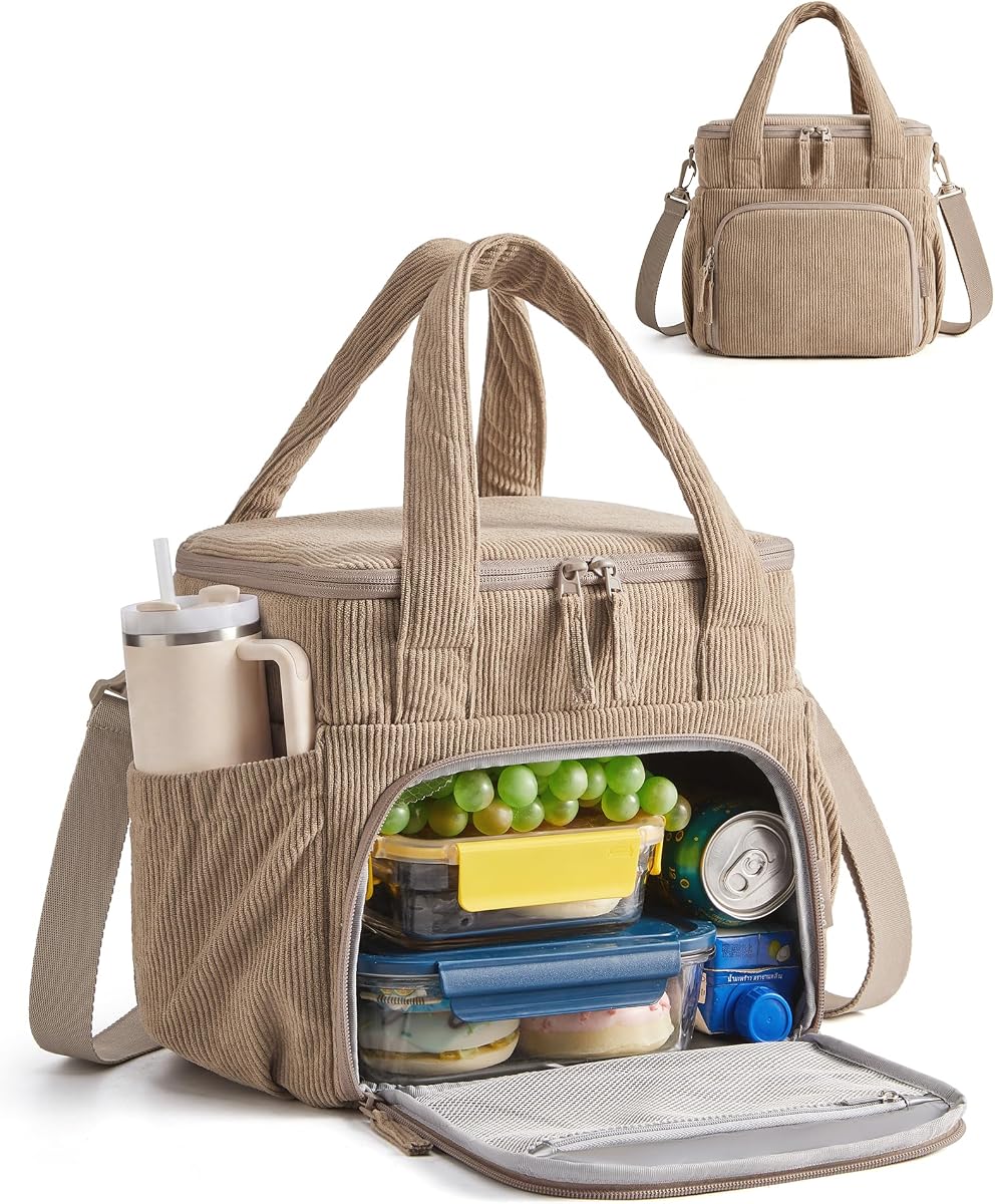 BAGSMART Bolsa de almuerzo grande de pana para mujer Caja de almuerzo aislada de doble cubierta de 14 L | Bolsa enfriadora de cordón vintage suave para oficina, trabajo, viajes, camping, con bolsillos laterales elásticos, para botella de 40 oz, marrón