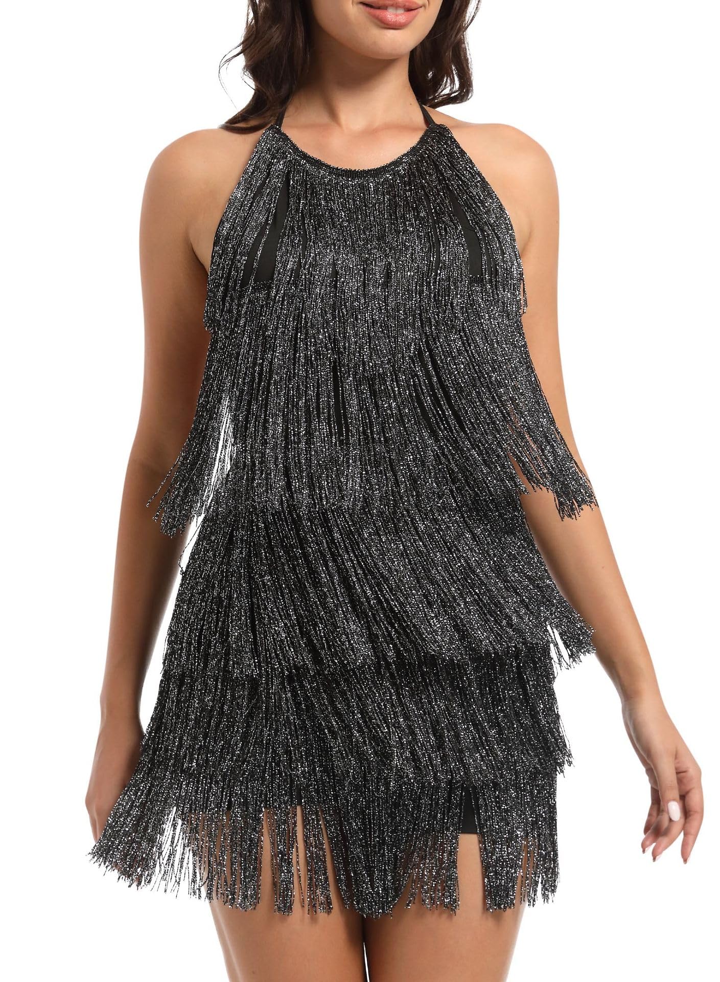 EVELUST Abito da donna con frange da concerto, stile western, con schiena scoperta, con scollo all'americana, tuta elastica, pagliaccetto per festival rodeo