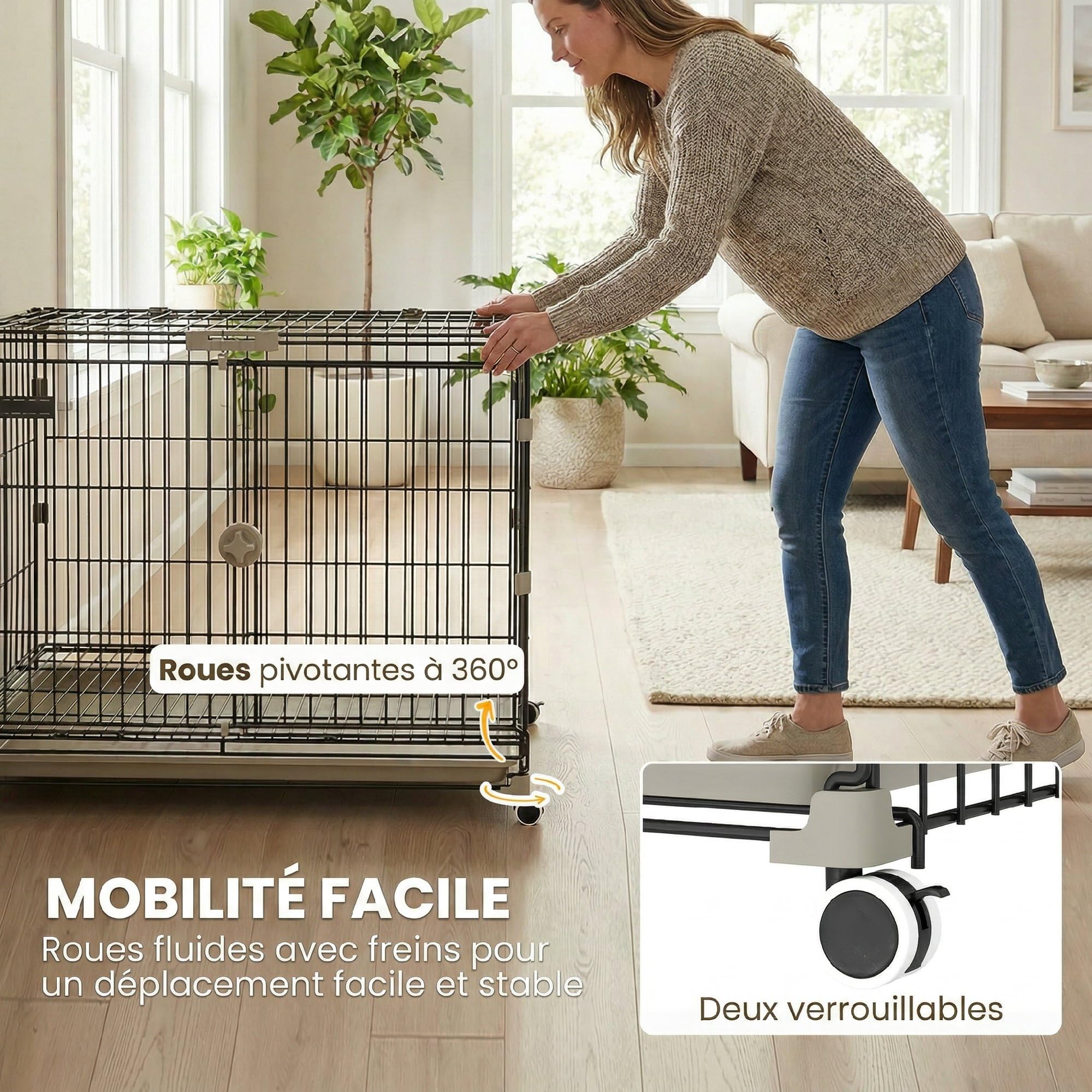 PawHut Cage pour Chien, Plateau Amovible, Roues avec Freins, Toit Ouvrant Verrouillable, Niche Chien Interieur pour Petits et Moyens Chiens, 75,5x46x64,5cm, Noir