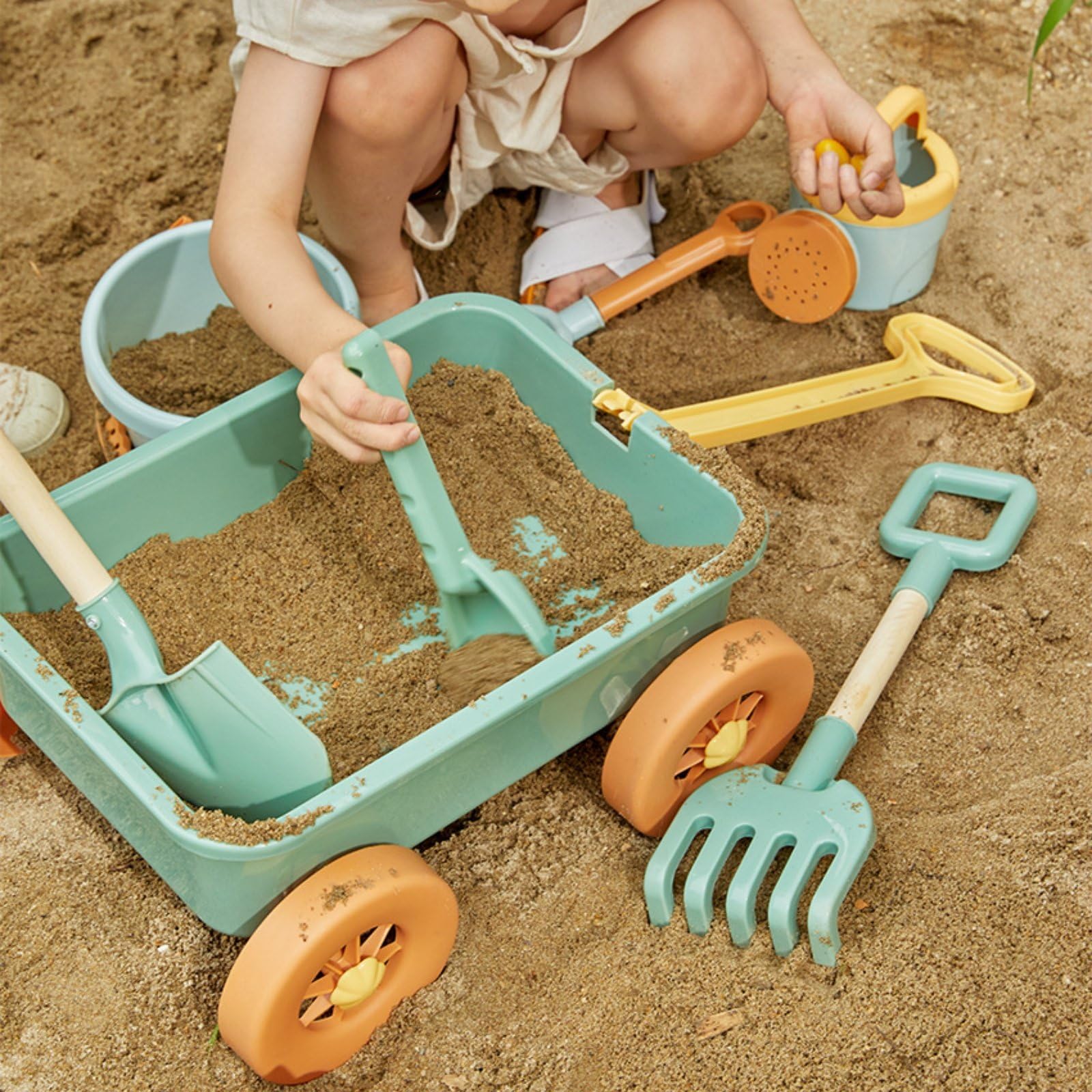 Kinder Sandwagen Handziehwagen Spielset Tragbarer Sandwagen Funktion für Sommerferien Gartenspielplatz, Koreanischer Originalstil, Olivgrün