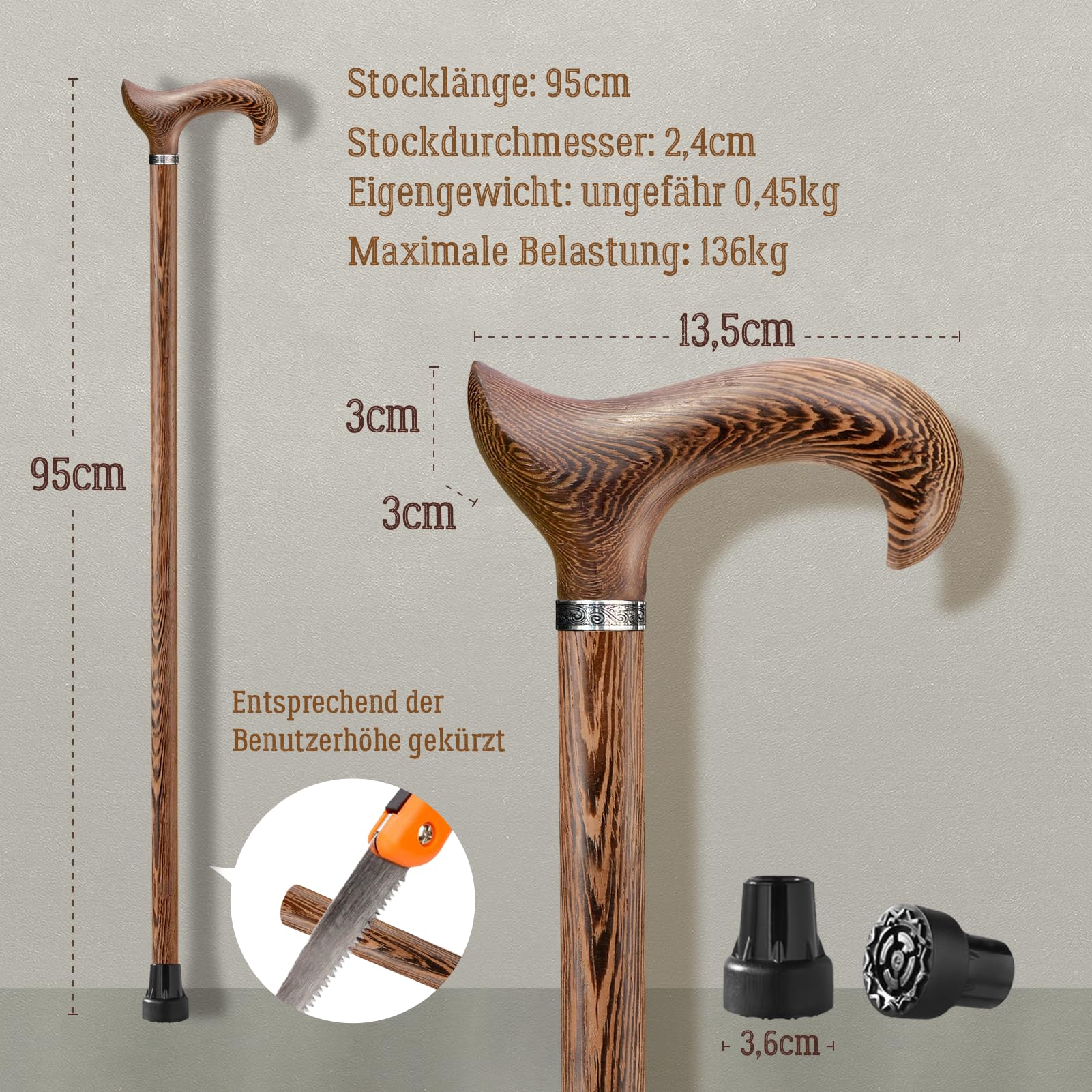 Laska drewniana Derby High-End z naturalnego litego drewna nośność 226 kg ergonomiczna